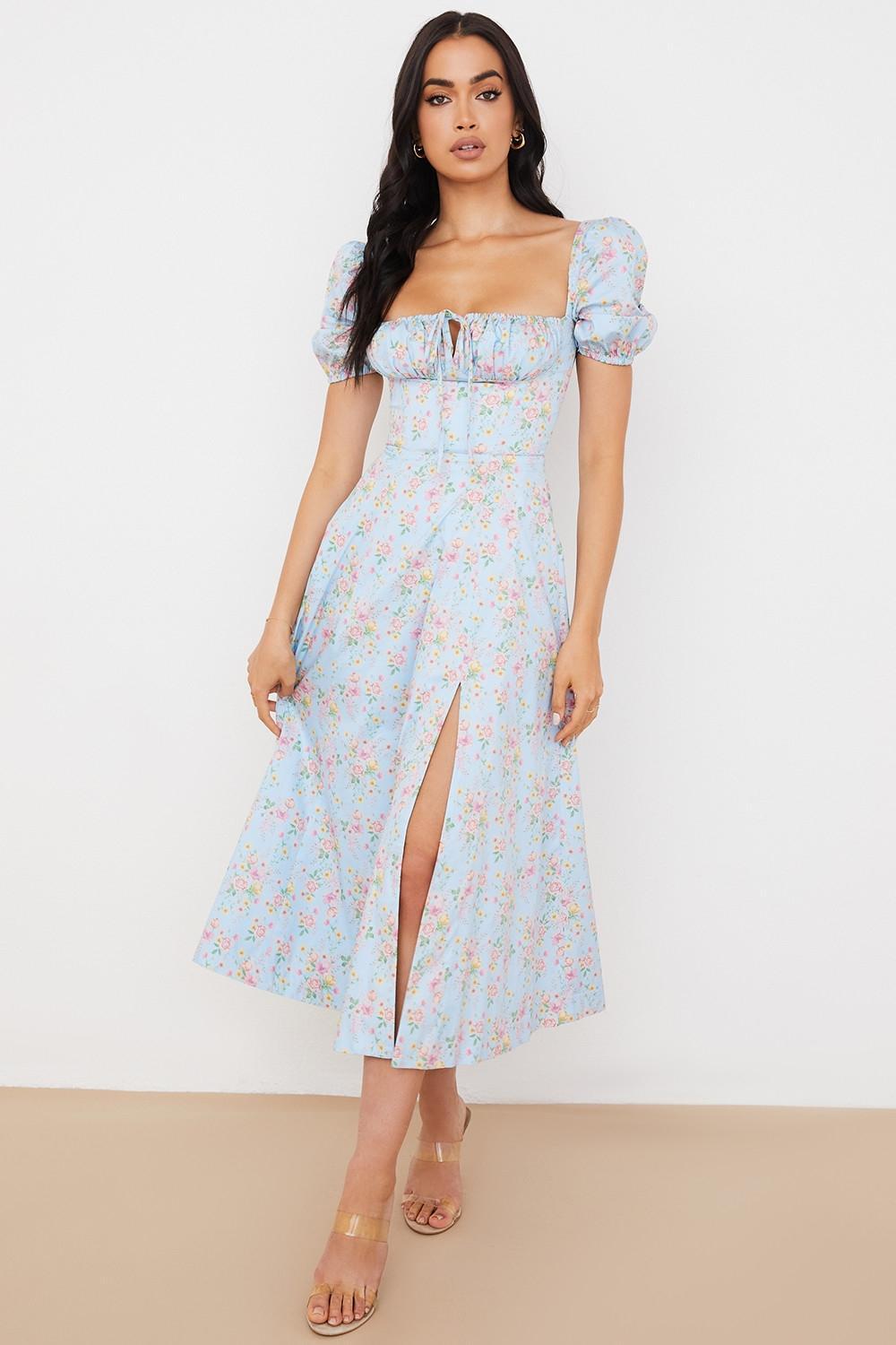 Tallulah Blue Vintage Floral Puff Sleeve Midi Dress Product Image