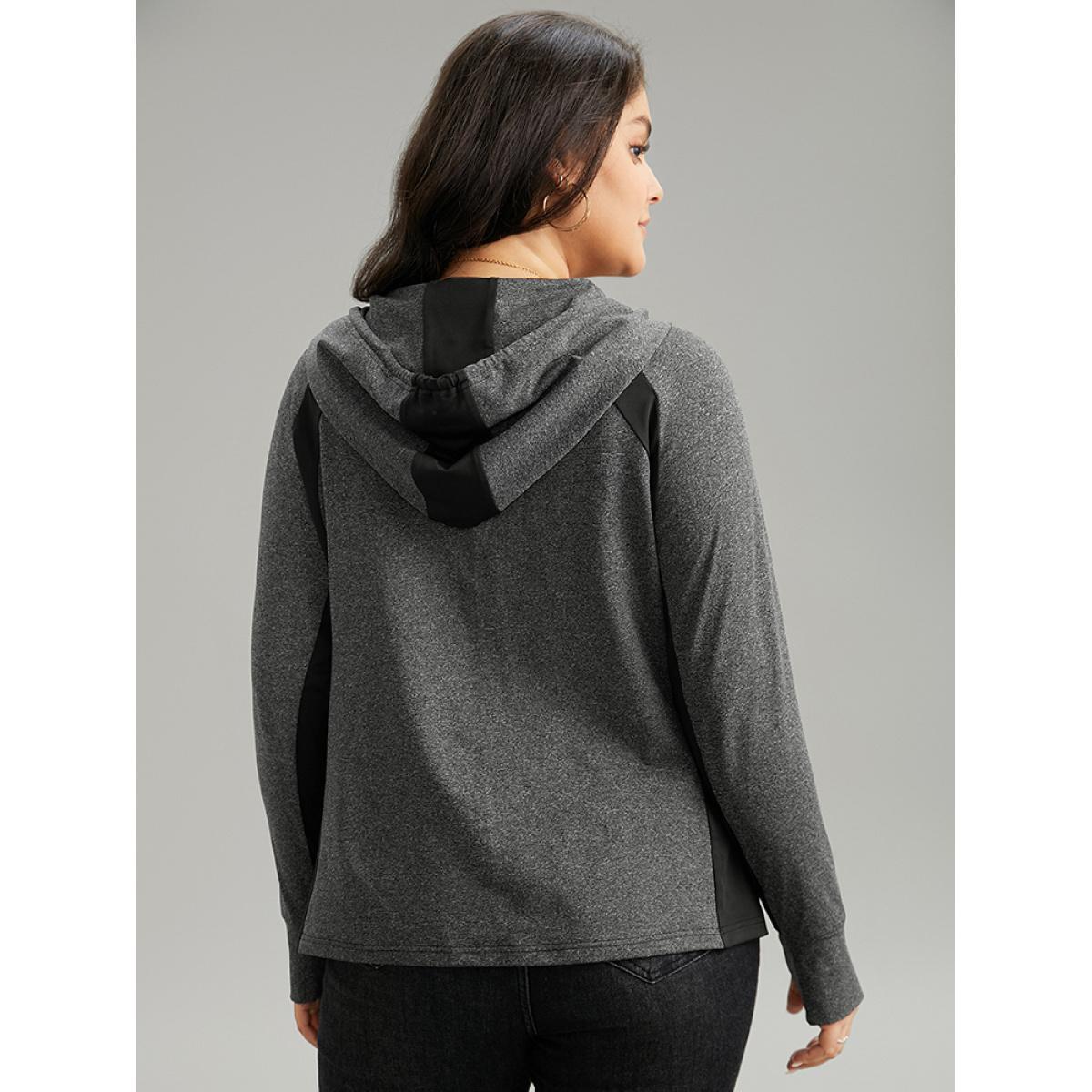 Plus Size Contrast Drawstring Zipper Hooded Jacket Women DimGray Contrast Pocket Dailywear Jackets BloomChic 18-20/2X Product Image