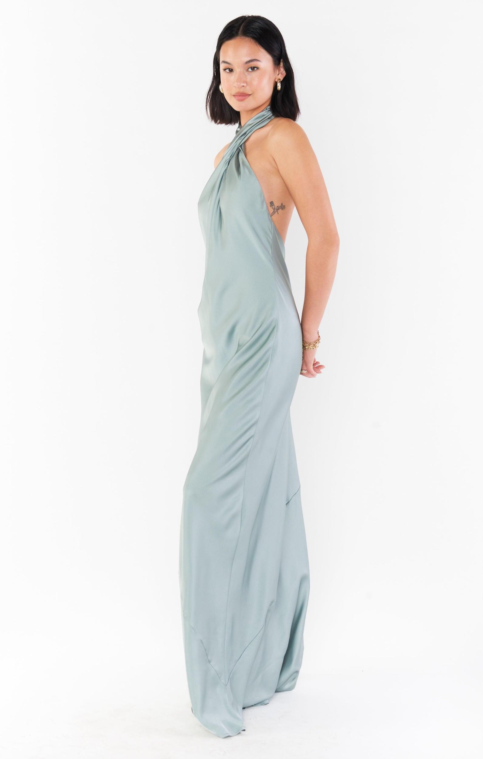 Jasmine Halter Maxi Dress ~ Silver Sage Luxe Satin Product Image