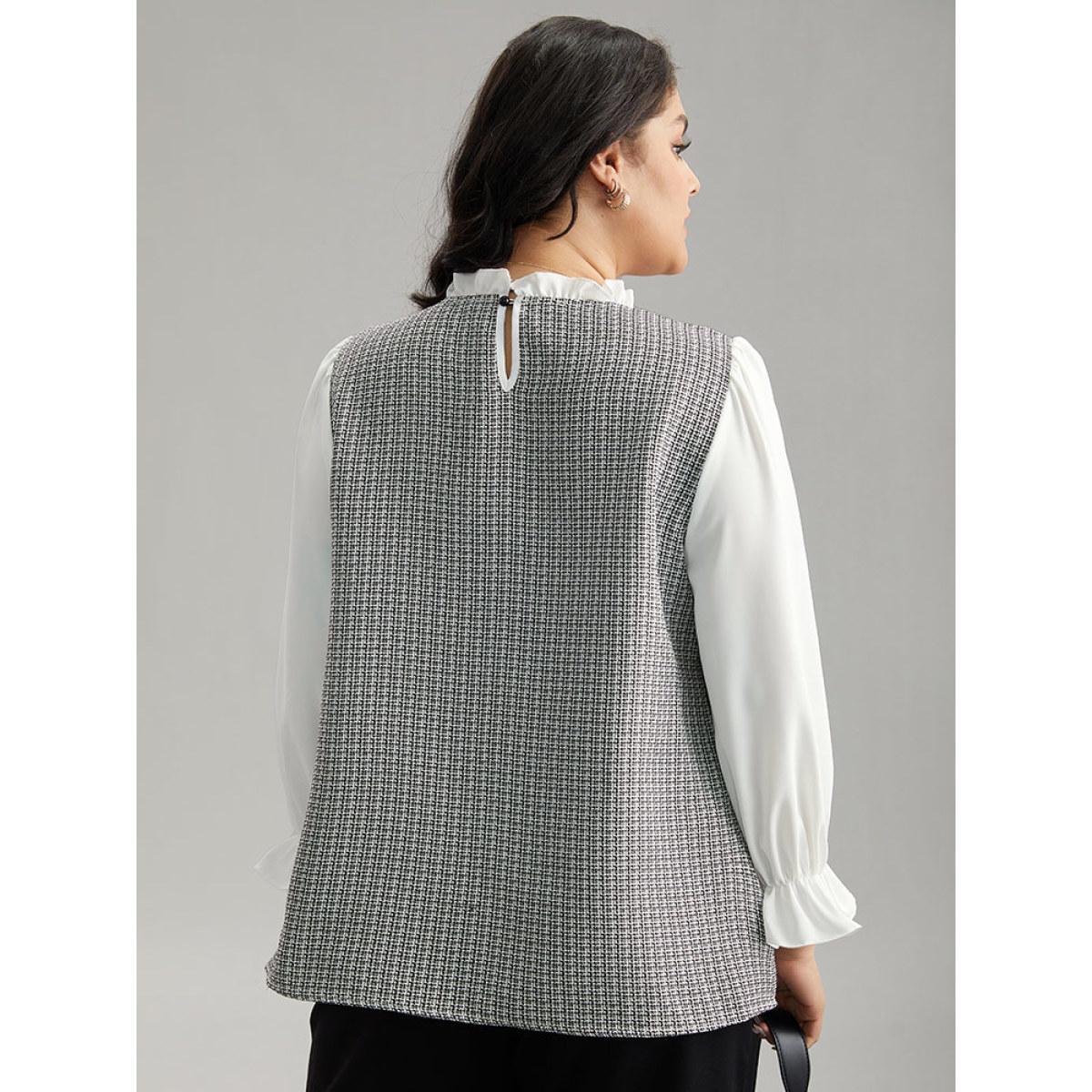 Plus Size White Gingham Ruffles Patchwork Frill Trim Blouse Women Office Long Sleeve Stand-up collar Work Blouses BloomChic 18-20/2X Product Image