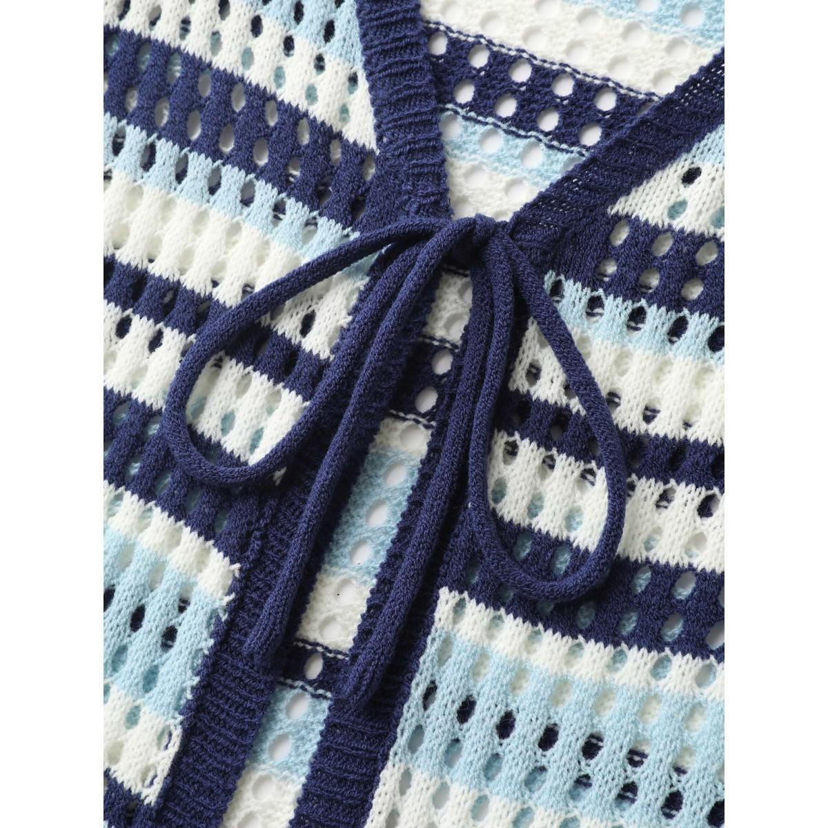 Plus Size Crochet Color Stripes Flared Sleeve Knit Cardigan Indigo Women Loose Long Sleeve Everyday-Casual Cardigans BloomChic 14-16/1X Product Image