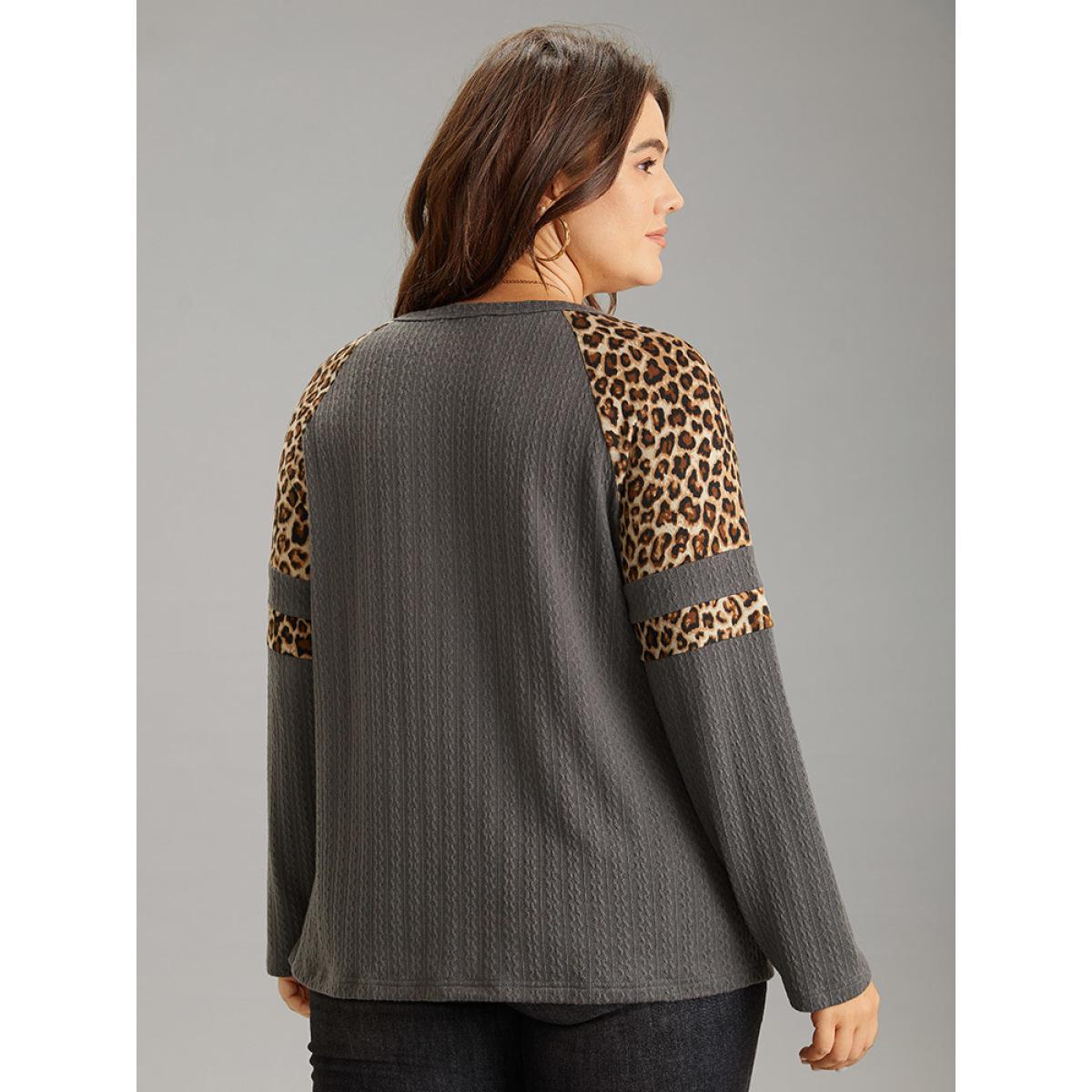 Plus Size Leopard Patchwork Contrast Jacquard T-shirt DimGray Women Casual Contrast Leopard Open Front Dailywear T-shirts BloomChic 26/4X Product Image
