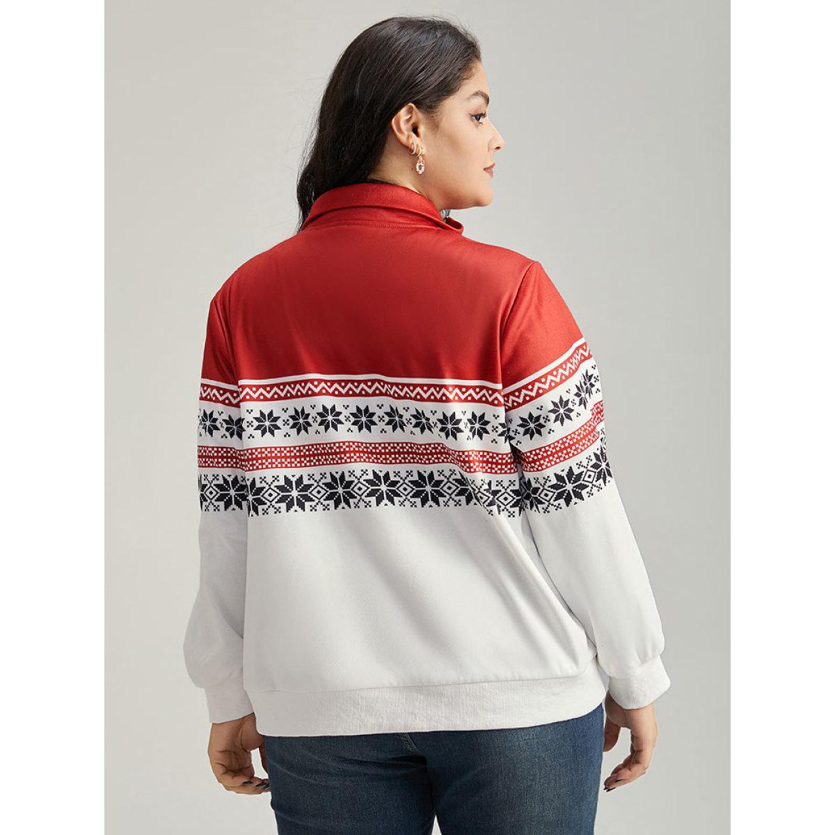 Plus Size Christmas Snowflake Zipper Contrast Jacket Women Red Contrast Dailywear Jackets BloomChic 10/M Product Image