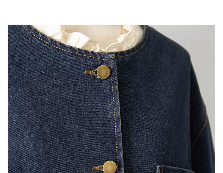 3/4 Sleeve Round Neck Denim Button Up Jacket Product Image