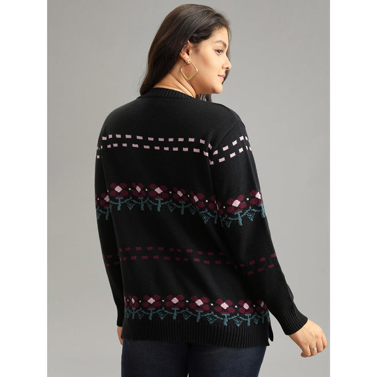 Plus Size Supersoft Essentials Floral Jacquard Split Side Pullover Black Women Casual Loose Long Sleeve Round Neck Dailywear Pullovers BloomChic 10/M Product Image