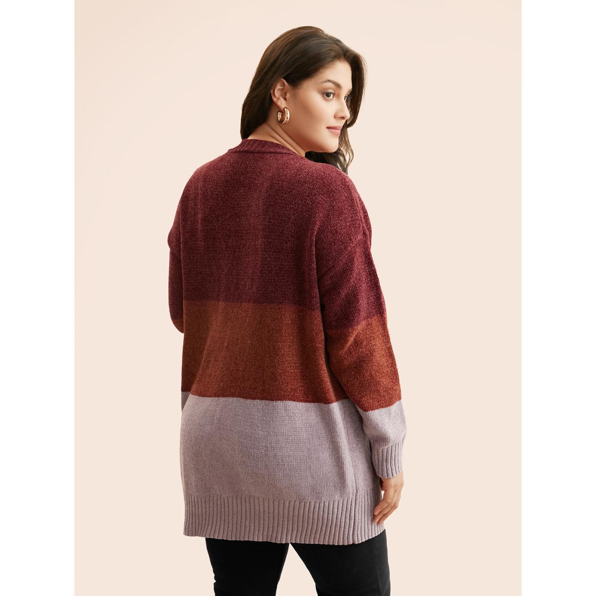 Plus Size Colorblock Contrast Patch Pocket Cardigan Yellowishbrown Women Casual Loose Long Sleeve Everyday Cardigans BloomChic 12/L Product Image