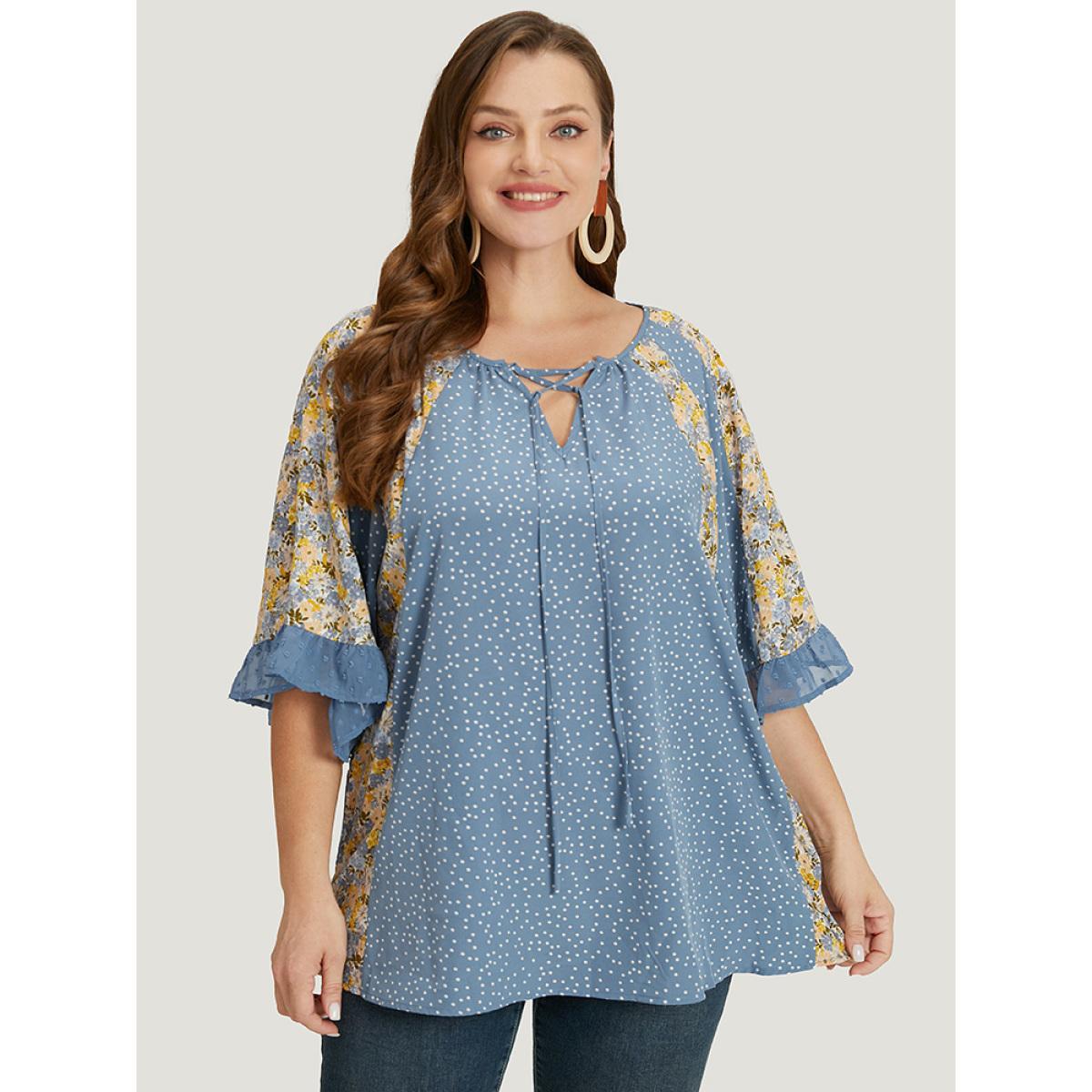 Plus Size Stone Polka Dot & Ditsy Floral Flounce Sleeve Lace Up Blouse Women Elegant Half Sleeve Tie Neck Dailywear Blouses BloomChic 30/6X Product Image