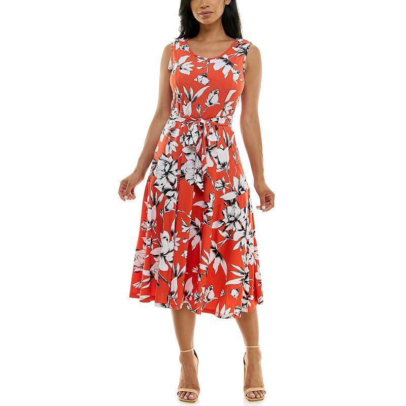 Women's Nina Leonard Belted Sleeveless Print Midi Dress, Size: XL, Brown Team Product Image