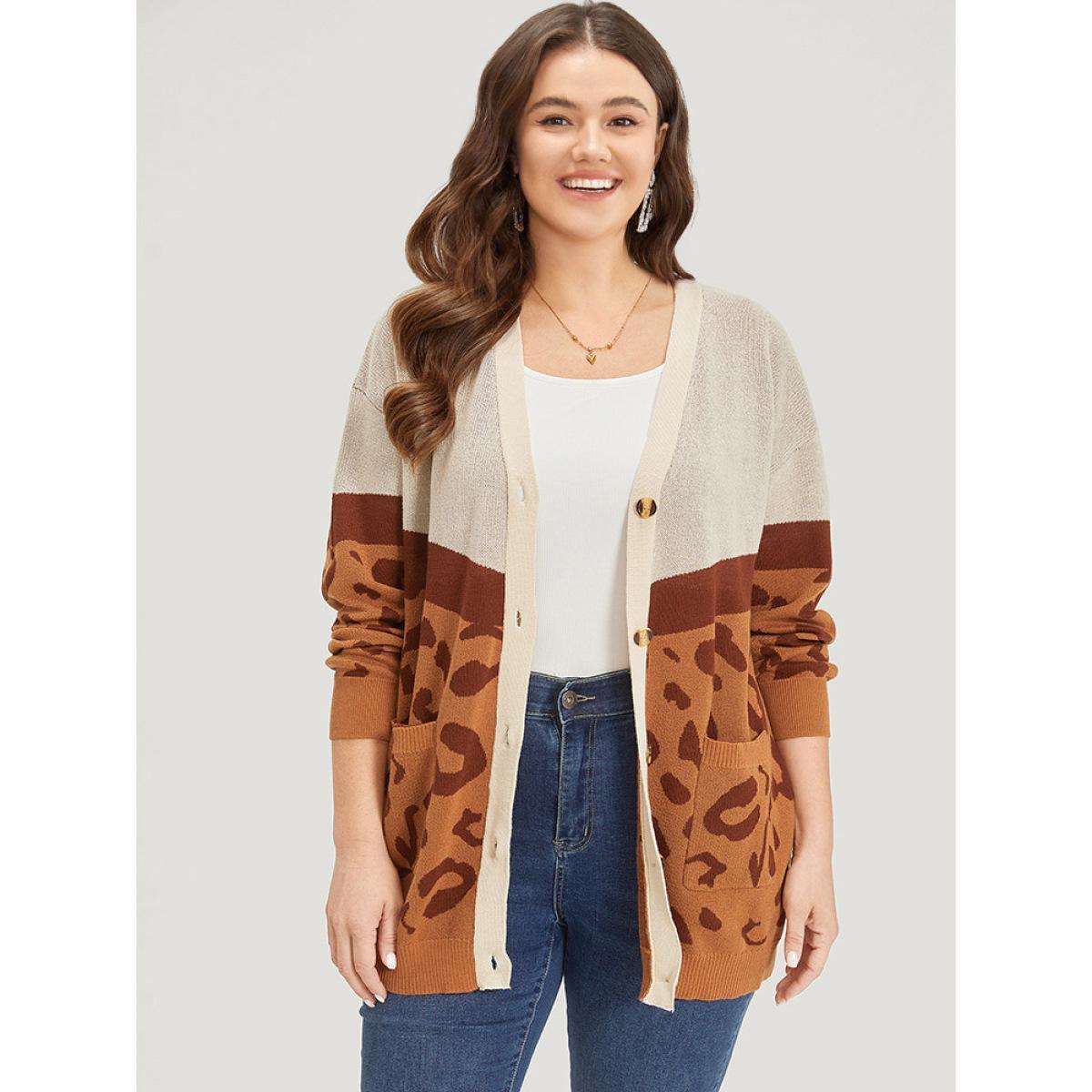 Plus Size Leopard Print Contrast Button Down Patched Pocket Cardigan Chocolate Women Casual Loose Long Sleeve Dailywear Cardigans BloomChic 18-20/2X Product Image