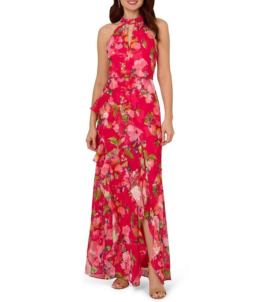 Adrianna Papell Chiffon Floral Print Halter Neck Sleeveless Ruffle Blouson Gown Product Image