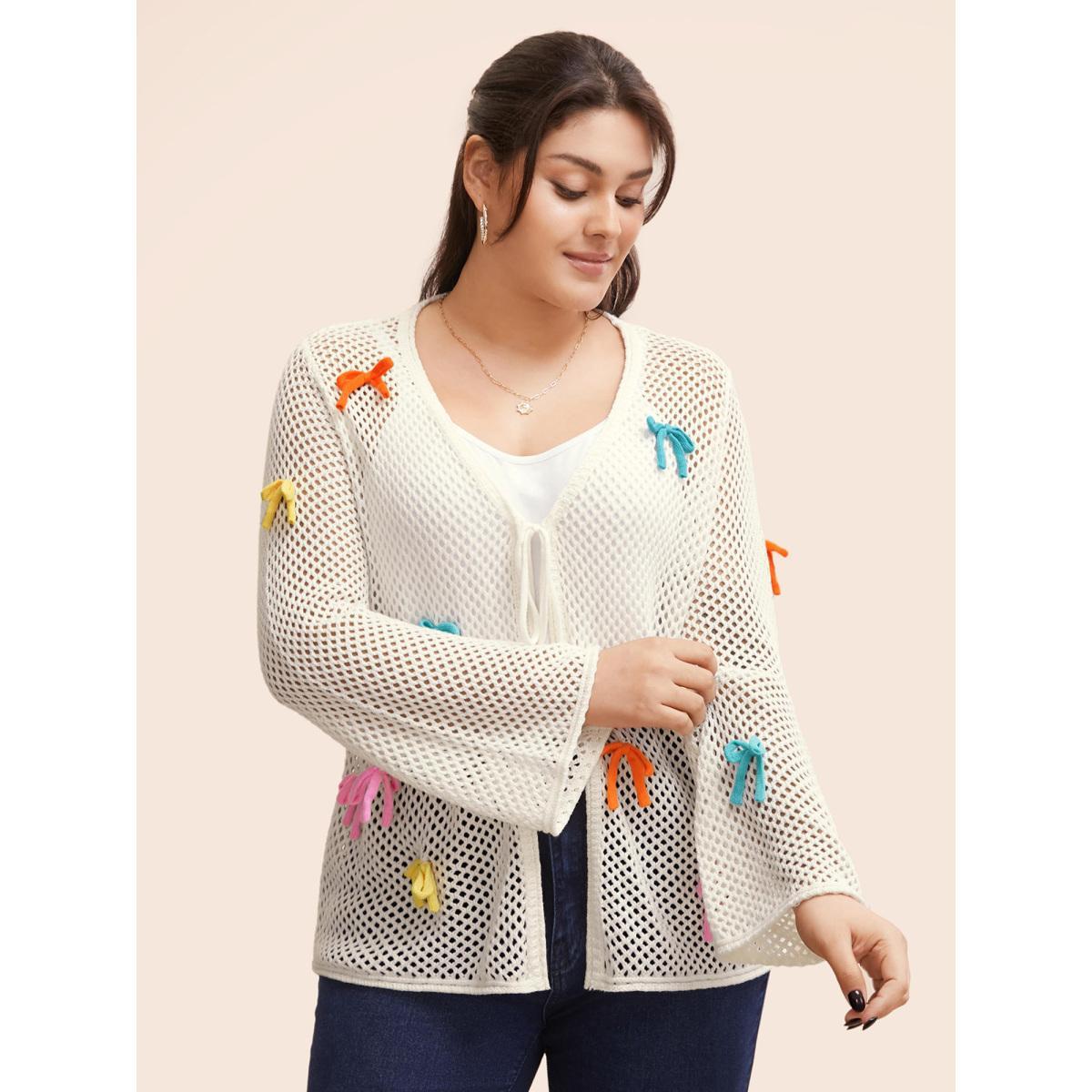 Plus Size Bowknot Tie Knot Bell Sleeve Cardigan Ivory Women Casual Loose Long Sleeve Everyday Cardigans BloomChic 12/L Product Image