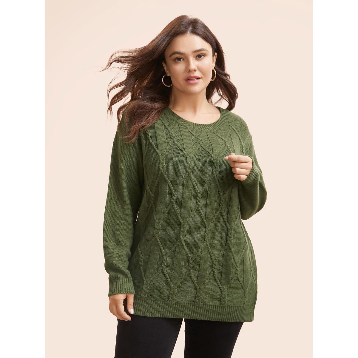 Plus Size Plain Cable Knit Round Neck Pullover Moss Women Casual Long Sleeve Round Neck Everyday Pullovers BloomChic 14-16/1X Product Image
