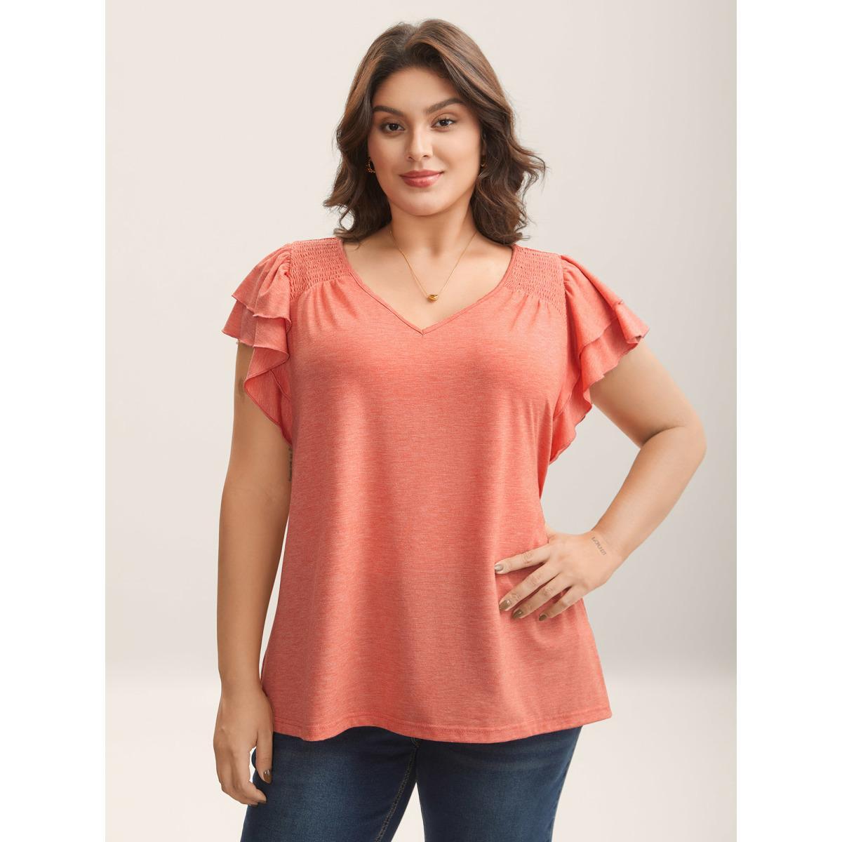 Plus Size Shirred Layered Lotus Leaf Sleeve T-Shirt Salmon Women Gathered V-neck Everyday-Elegant T-shirts BloomChic 26/4X Product Image