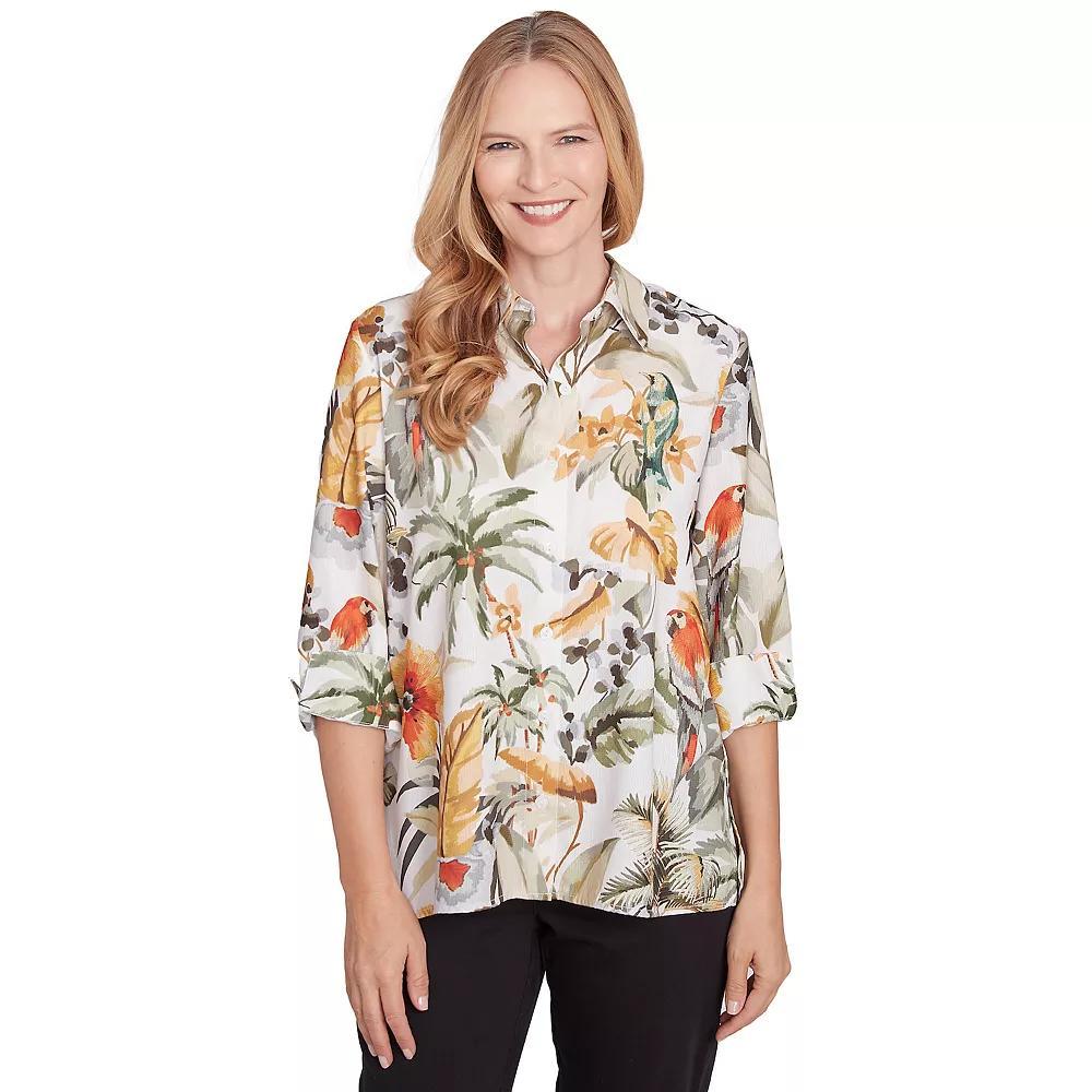 Women's Alfred Dunner Tropical Bird Button Front Top, Size: XL, Green Team Product Image