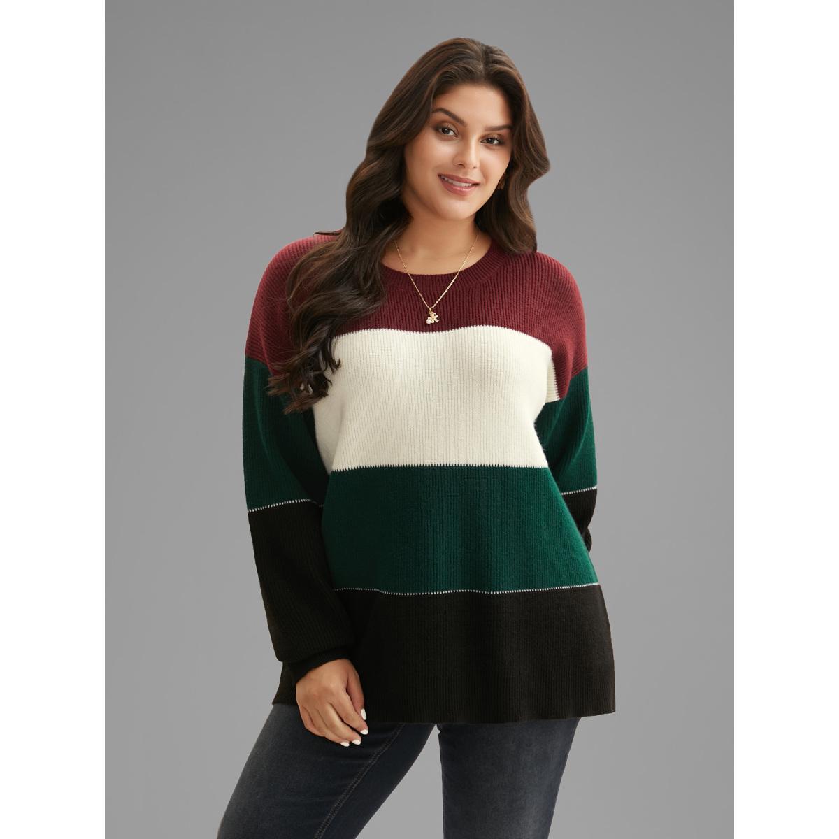 Plus Size Supersoft Essentials Holiday Color Block Pullover Multicolor Women Casual Loose Long Sleeve Round Neck Everyday Pullovers BloomChic 22-24/3X Product Image