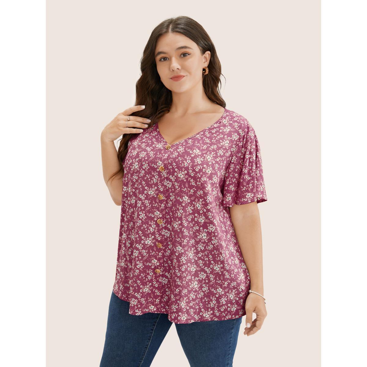Plus Size Eggplant Ditsy Floral Contrast Ruffle Sleeve Button Detail Blouse Women Elegant Short sleeve Non Everyday Blouses BloomChic 22-24/3X Product Image