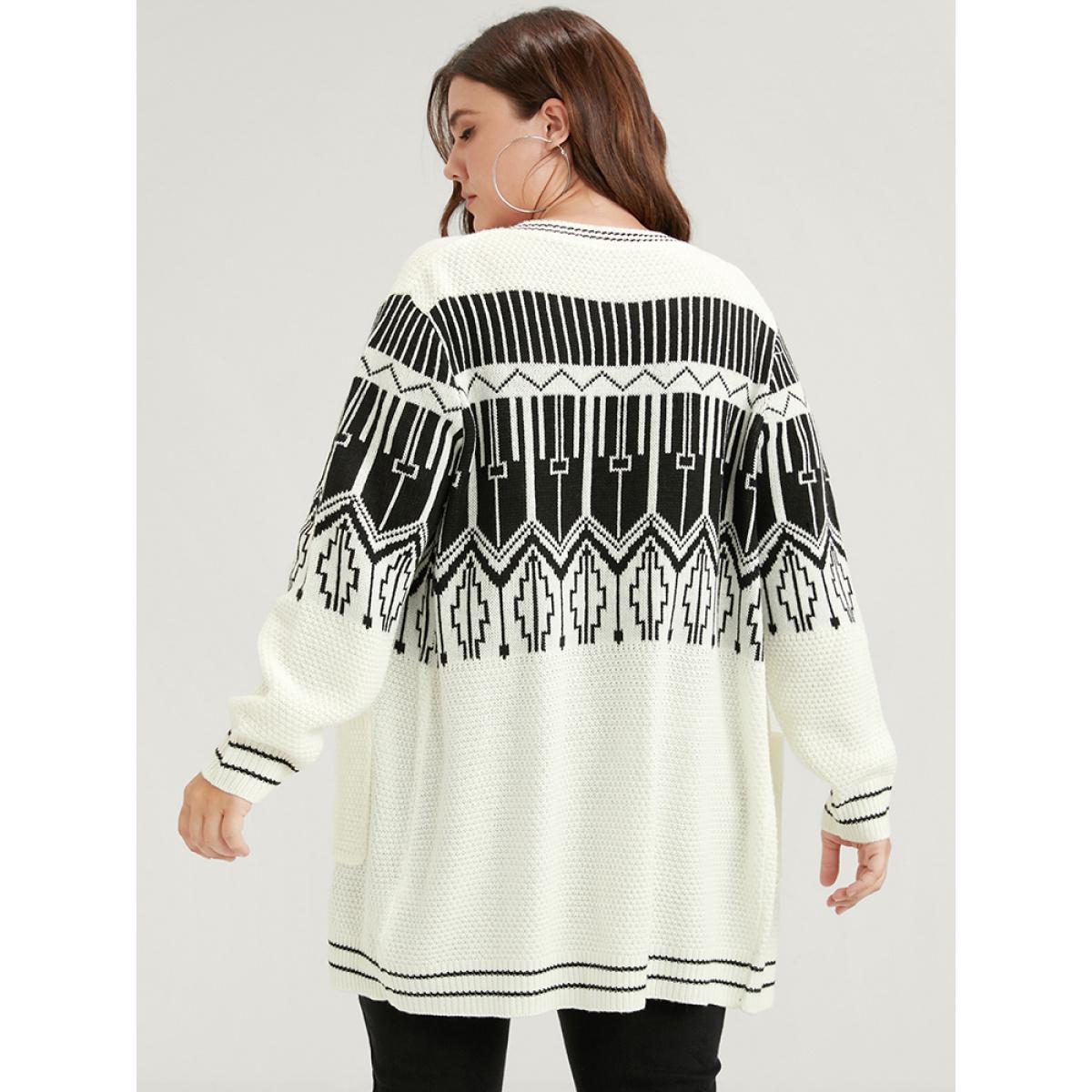 Plus Size Geometric Knitted Jacquard Contrast Pocket Button Front Cardigan White Women Elegant Loose Long Sleeve Dailywear Cardigans BloomChic 22-24/3X Product Image