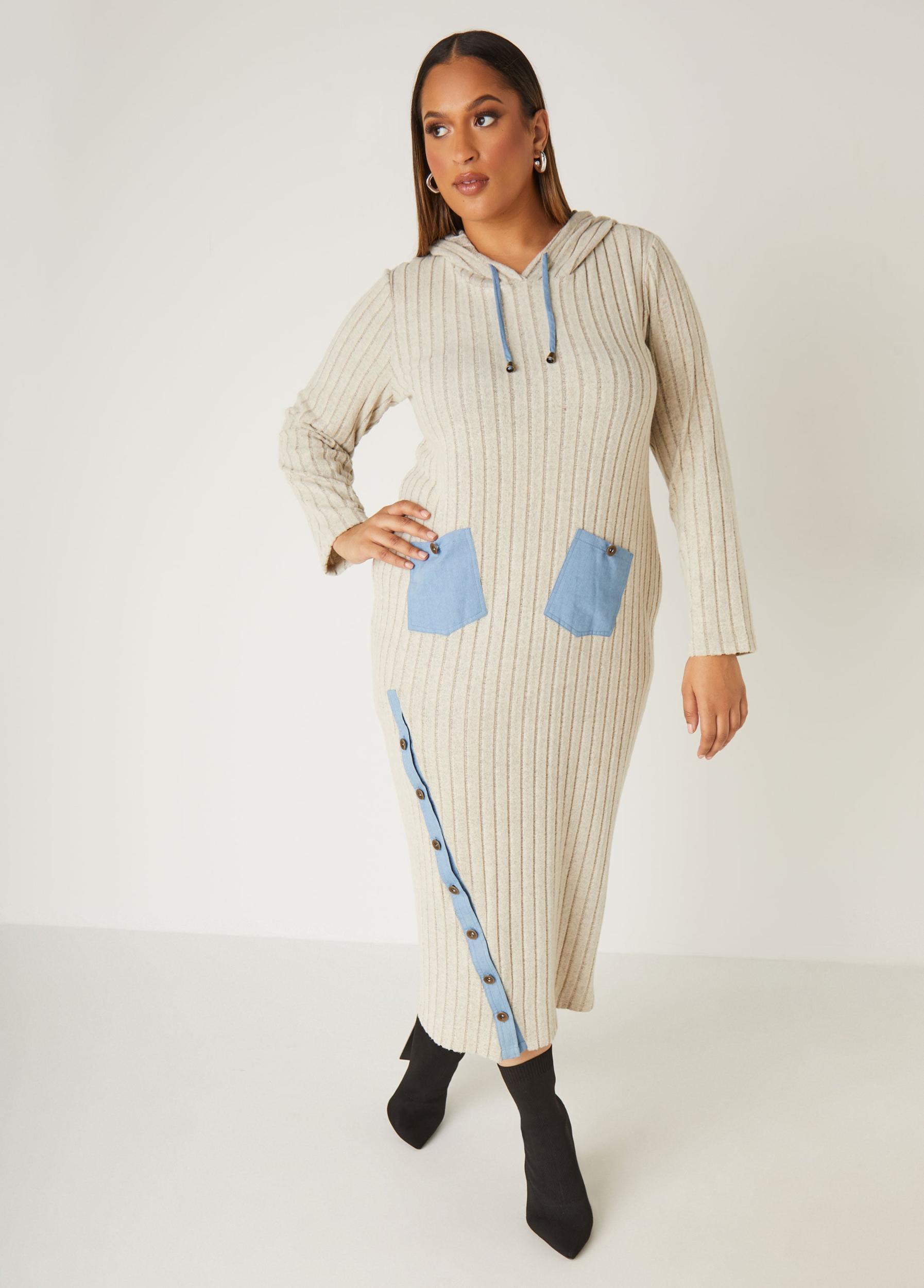 Plus Size Chambray Paneled Hooded Dress Ashley Stewart Product Image