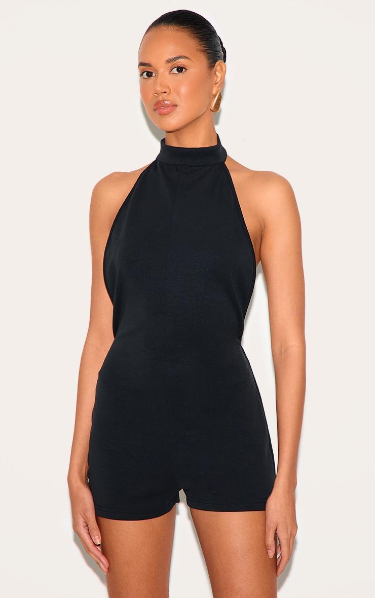 Black Premium Soft Touch Backless Halter Neck Unitard Product Image