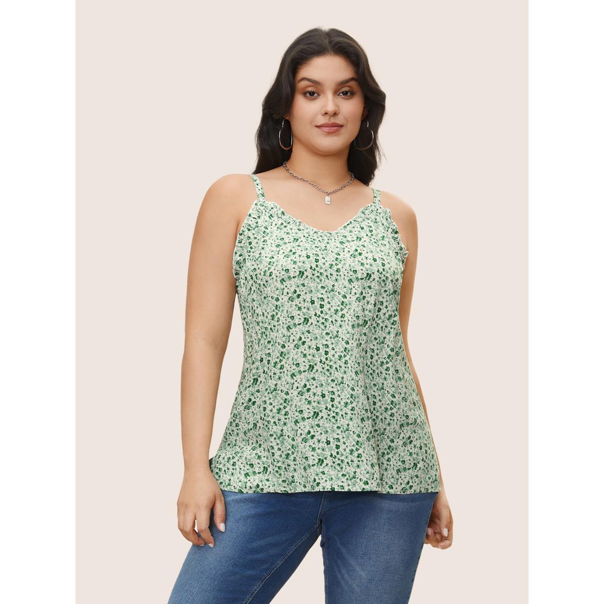 Plus Size Ditsy Floral Frill Trim Adjustable Straps Cami Top Women Moss Casual Frill Trim V-neck Everyday Tank Tops Camis BloomChic 30/6X Product Image