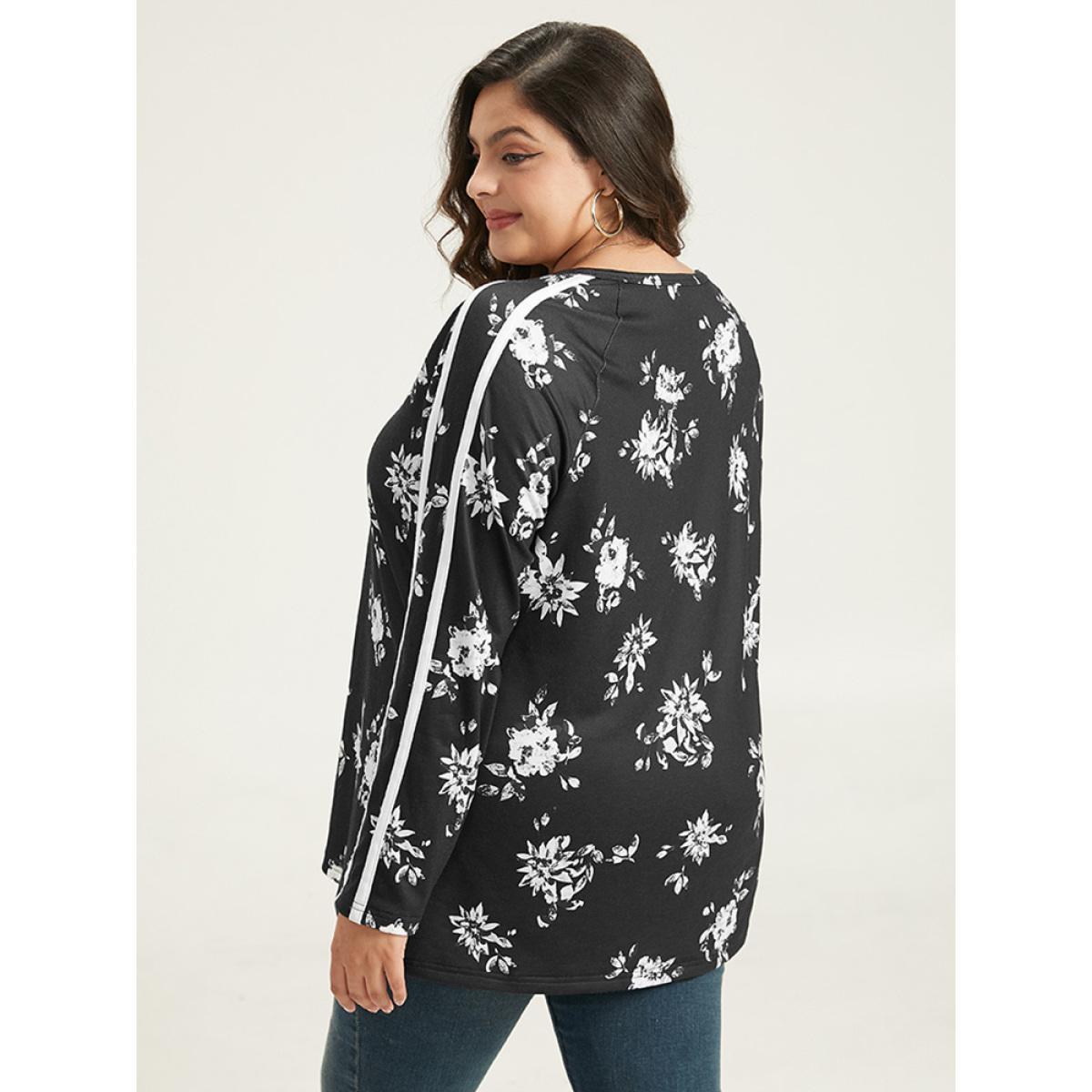 Plus Size Floral Raglan Sleeve Contrast Trim Sweatshirt Women Black Elegant Printed V-neck Everyday Sweatshirts BloomChic 18-20/2X Product Image