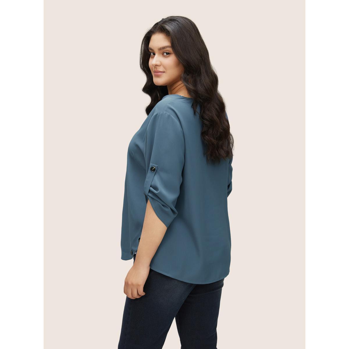 Plus Size Stone Anti-Wrinkle Button Detail Curved Hem Tab Sleeve Blouse Women Office Half Sleeve V-neck Work Blouses BloomChic 18-20/2X Product Image