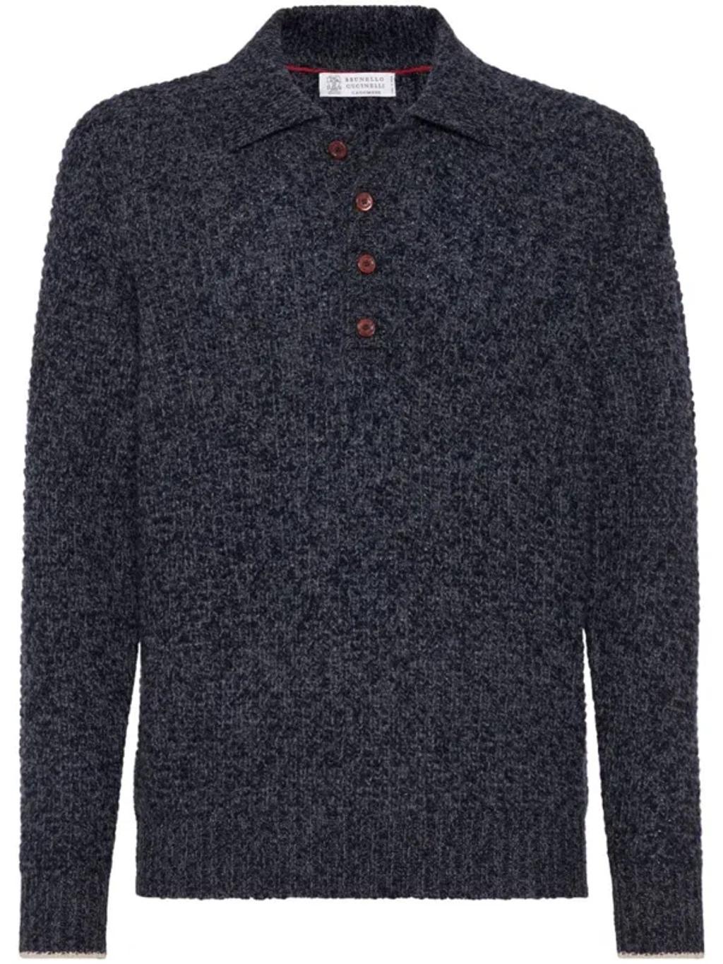 BRUNELLO CUCINELLI Polo-collar Long-sleeved Jumper In Blue Product Image