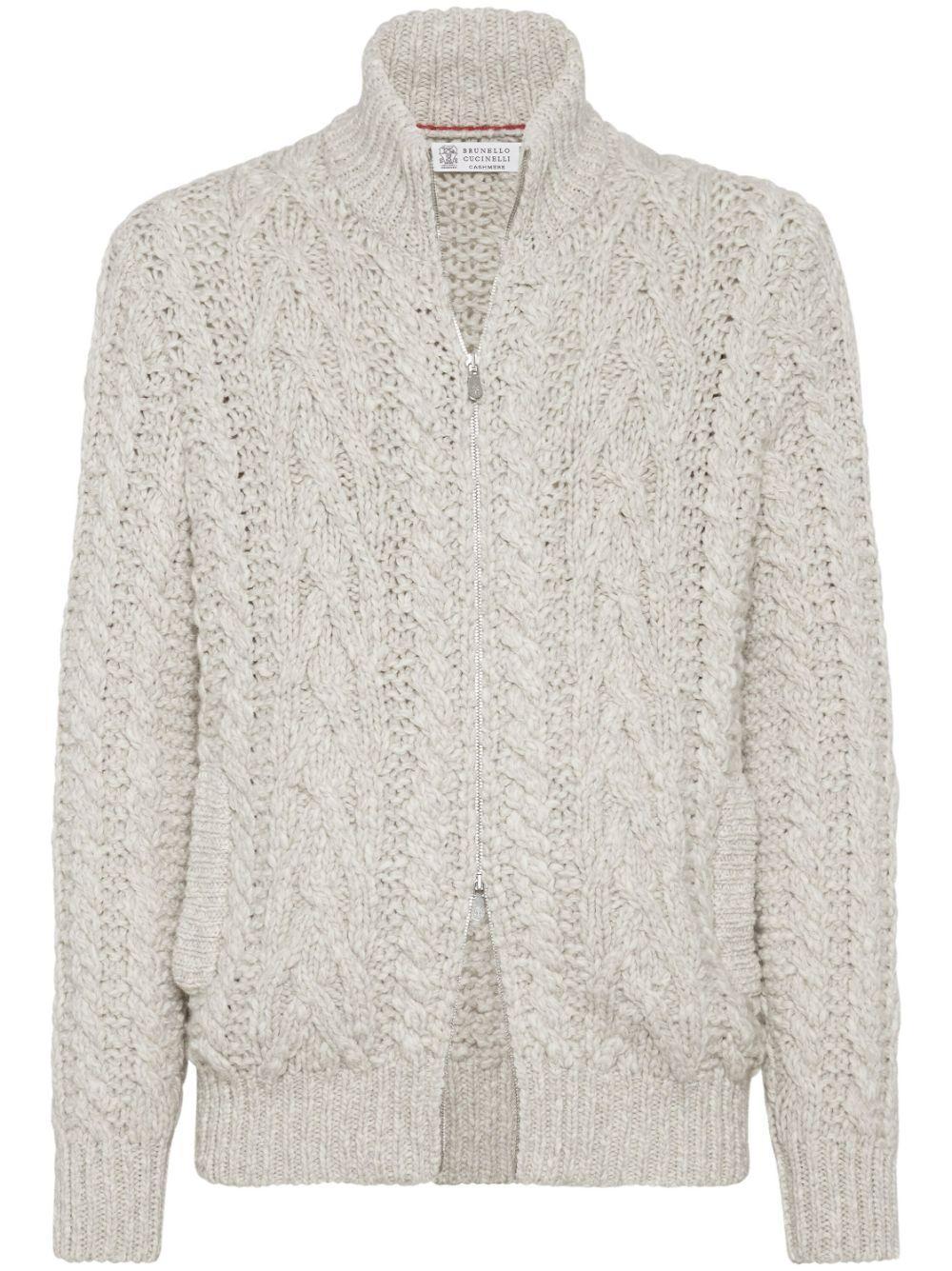 BRUNELLO CUCINELLI Cable-knit Wool And Cashmere-blend Zip-up Cardigan In Neutrals Product Image