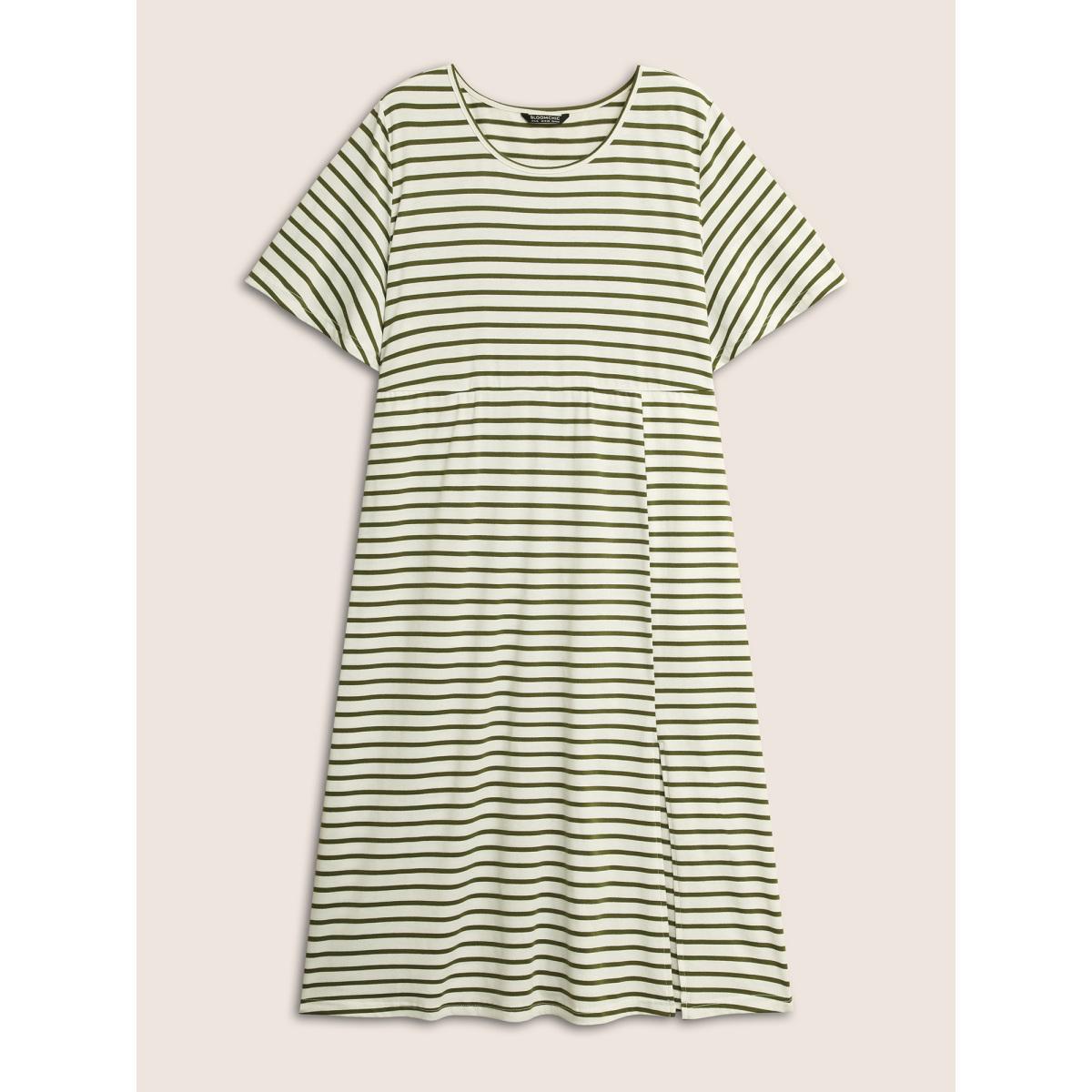 Plus Size Stripes Round Neck Split Side Pocket Dress Moss Women Casual Slit Round Neck Short sleeve Curvy Midi Dress BloomChic 28/5X Product Image