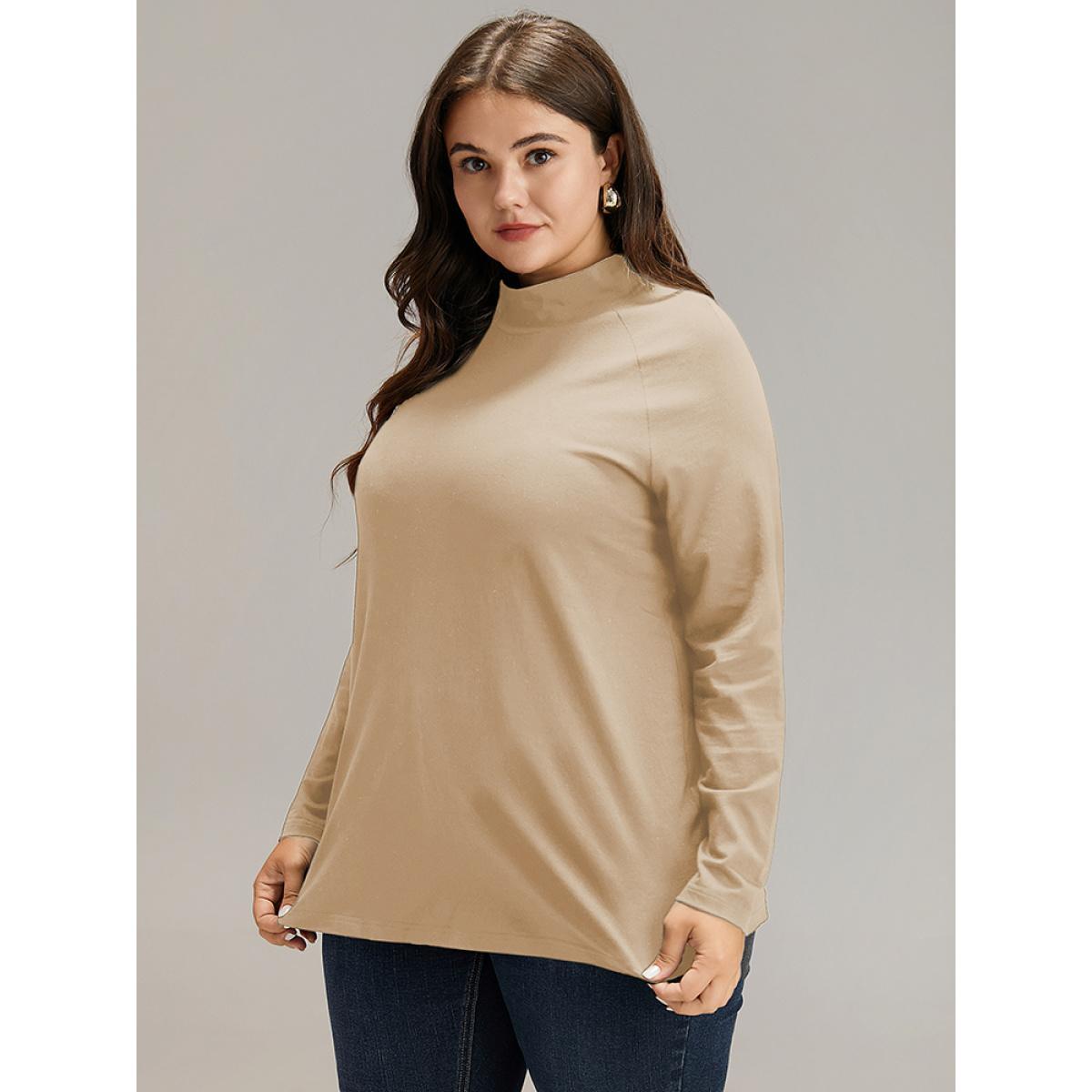 Plus Size Cotton Mock Neck Raglan Sleeve T-shirt Apricot Women Elegant Plain Plain Mock Neck Dailywear T-shirts BloomChic 22-24/3X Product Image