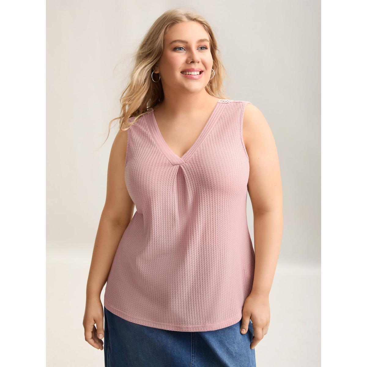 Plus Size Hollow Back Slim-Fit Pleated Sleeveless Top Women Crepe Casual Texture V-neck Everyday Tank Tops Camis BloomChic 18-20/2X Product Image
