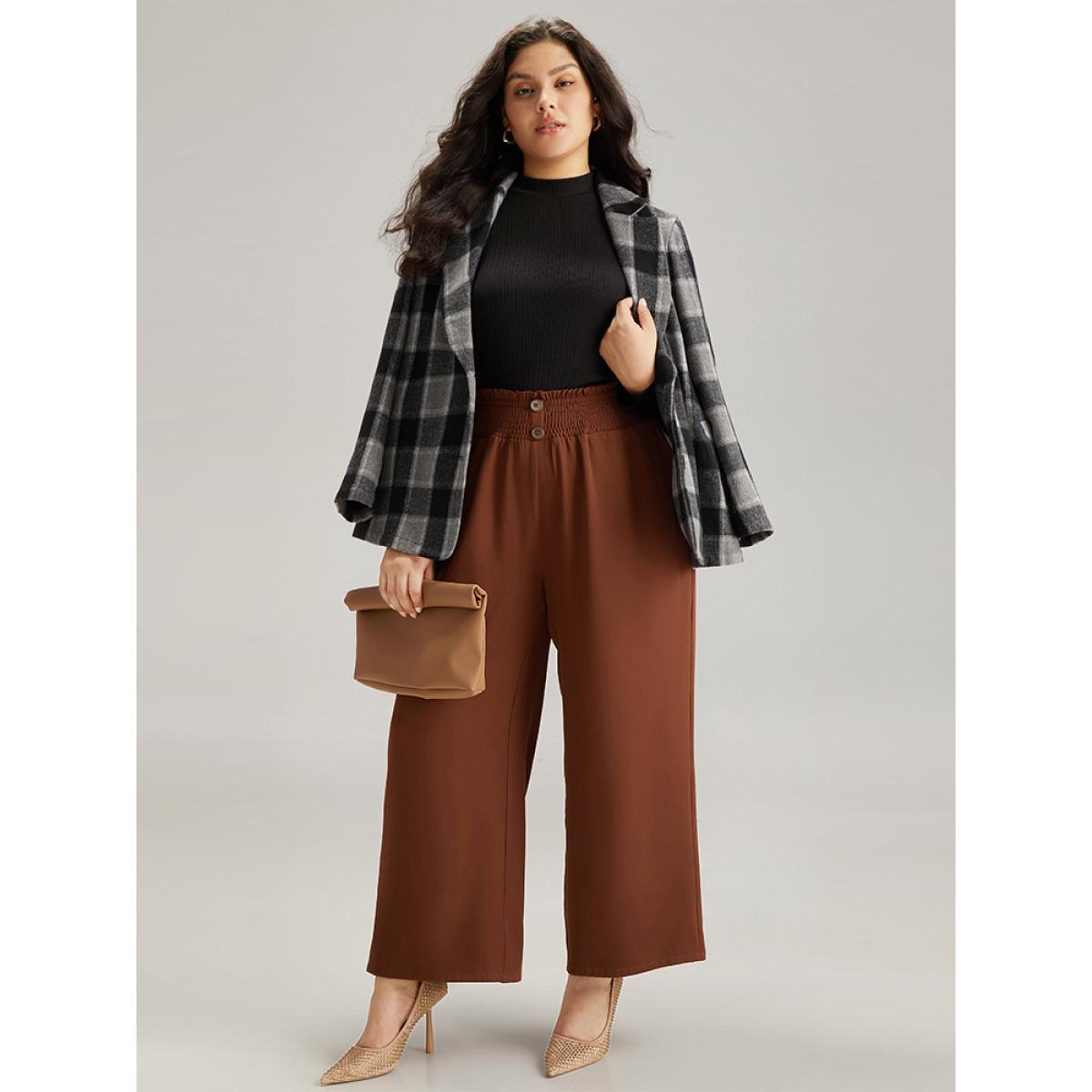 Plus Size Paperbag Waist Button Detail Shirred Pants Women Rust Office Wide Leg High Rise Work Pants BloomChic 26/4X Product Image