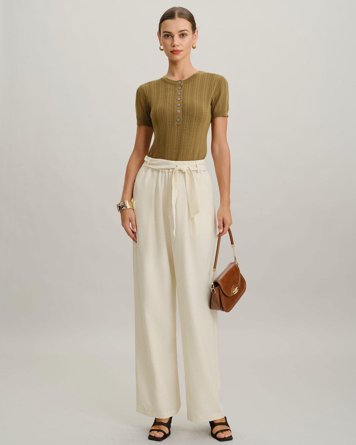 Beige High Waisted Belt Straight Pants Product Image