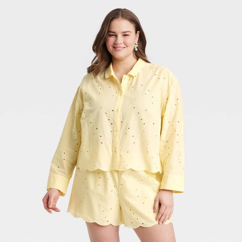 Womens Eyelet Long Sleeve Button-Down Shirt - A New Day Yellow XXL: Casual V Neck Woven Top Product Image