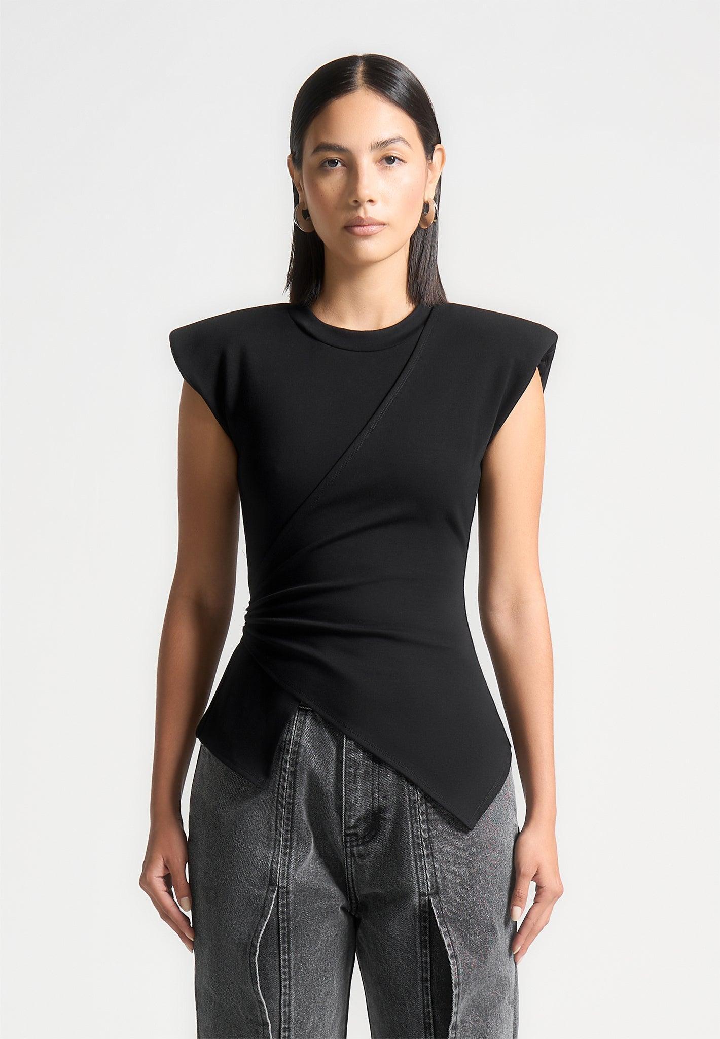 Wide Shoulder Ruched Waist Top - Black Female Product Image