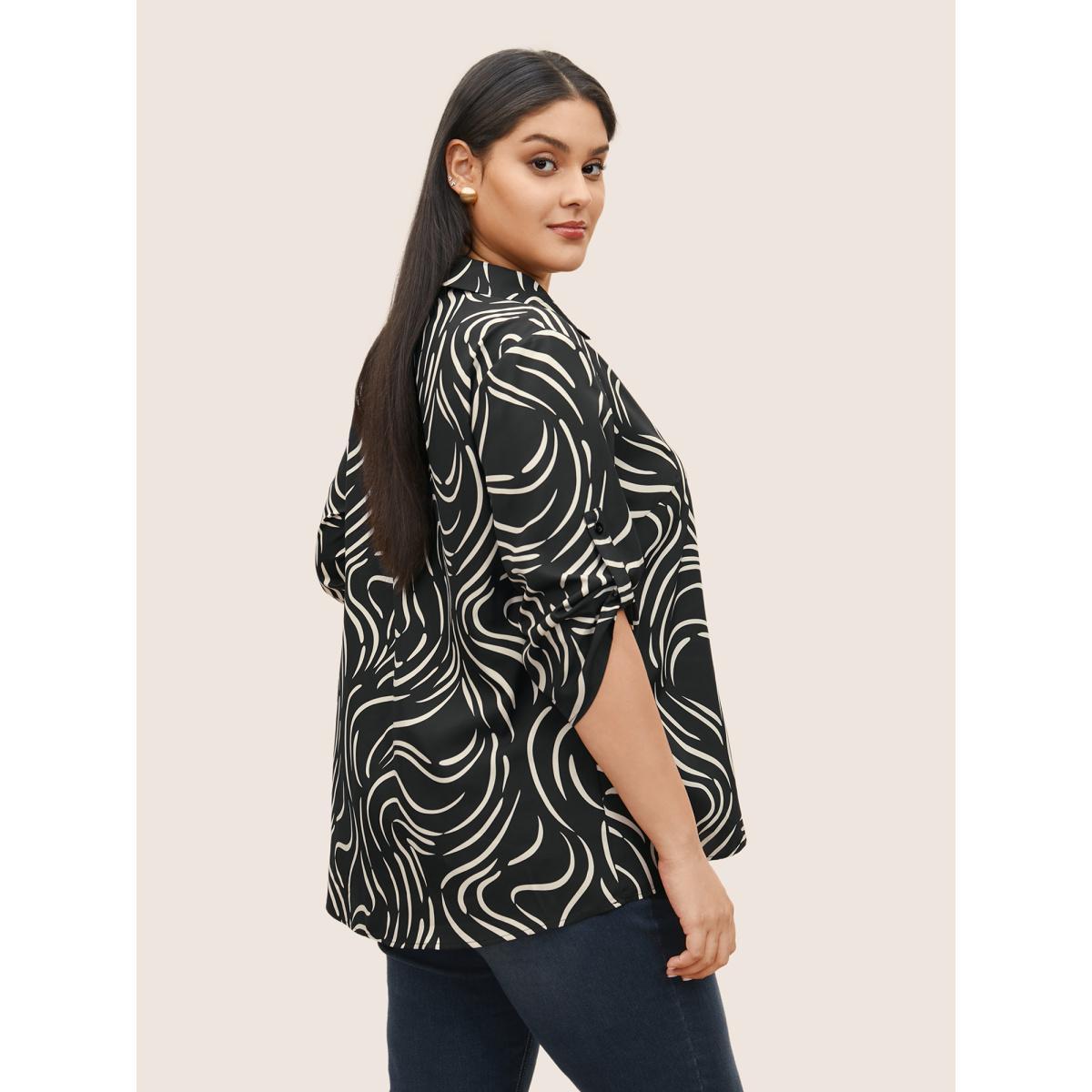 Plus Size BlackFlower Shirt Collar Stripes Button Cuff Sleeve Blouse Women At the Office Elbow-length sleeve Shirt collar Work Blouses BloomChic 14-16/1X Product Image