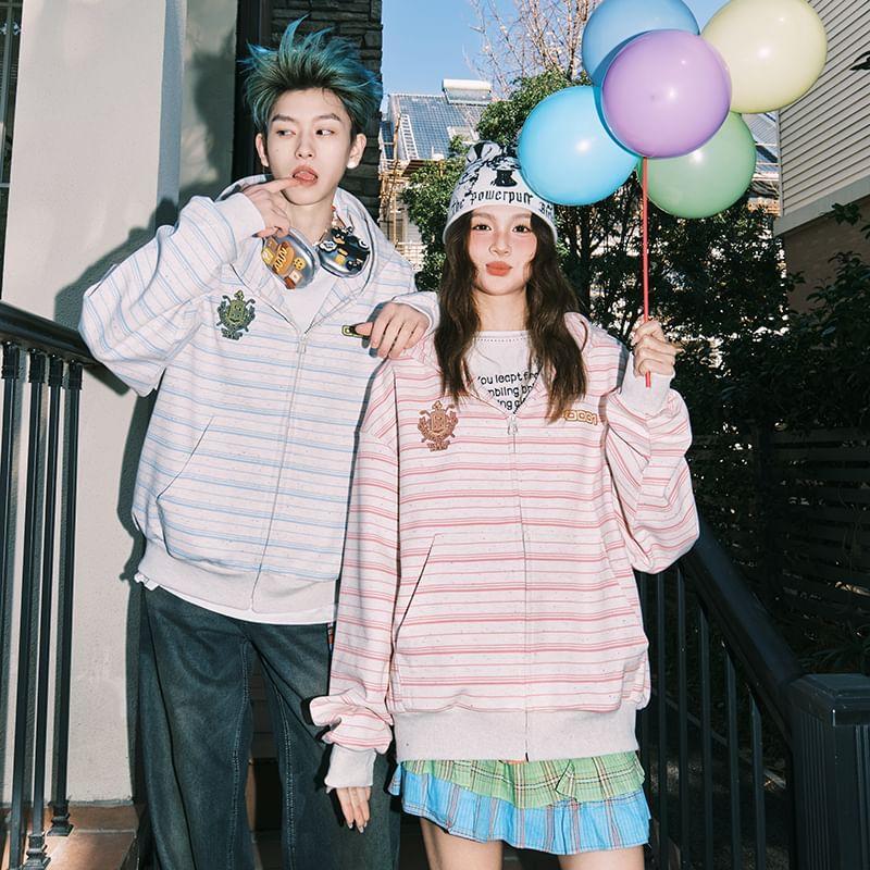 Couple Matching Striped Zip-Up Hoodie Product Image