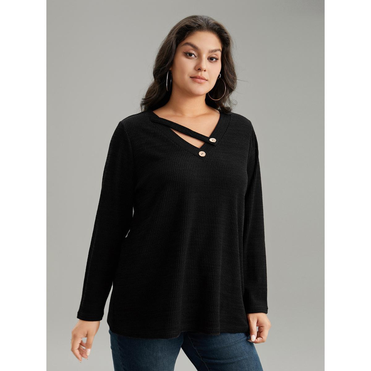 Plus Size Solid Rib Knit Button Detail T-shirt Black Women Casual Non Plain V-neck Everyday T-shirts BloomChic 26/4X Product Image