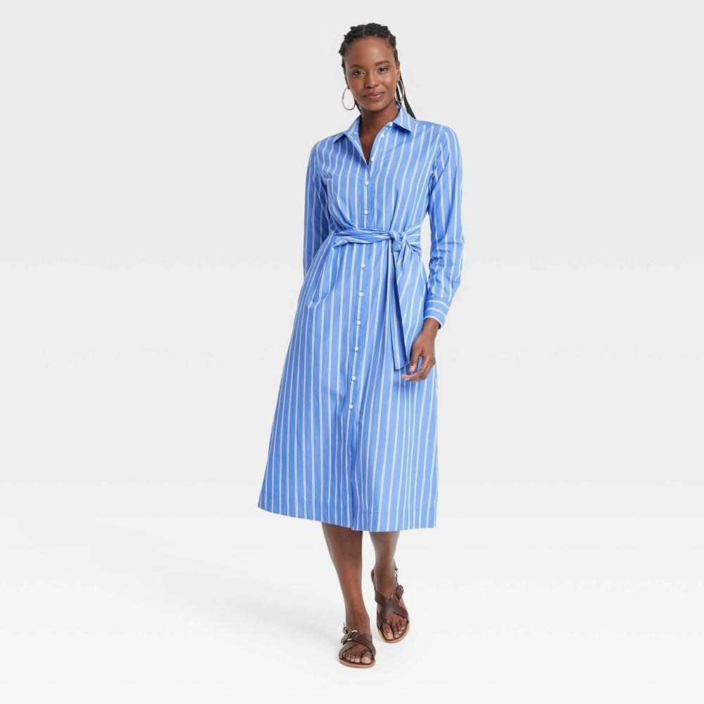 Womens Long Sleeve Tie-Front Midi Shirtdress - Universal Thread Blue Striped Product Image