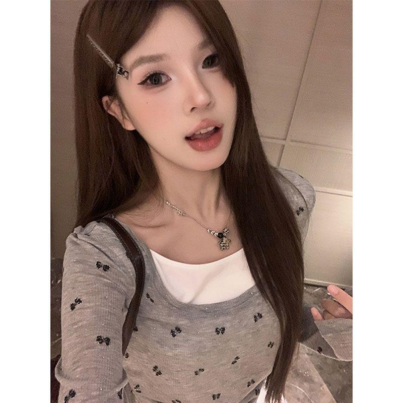 Long Sleeve Scoop Neck Patterned Print Mock Two Piece Tee Product Image