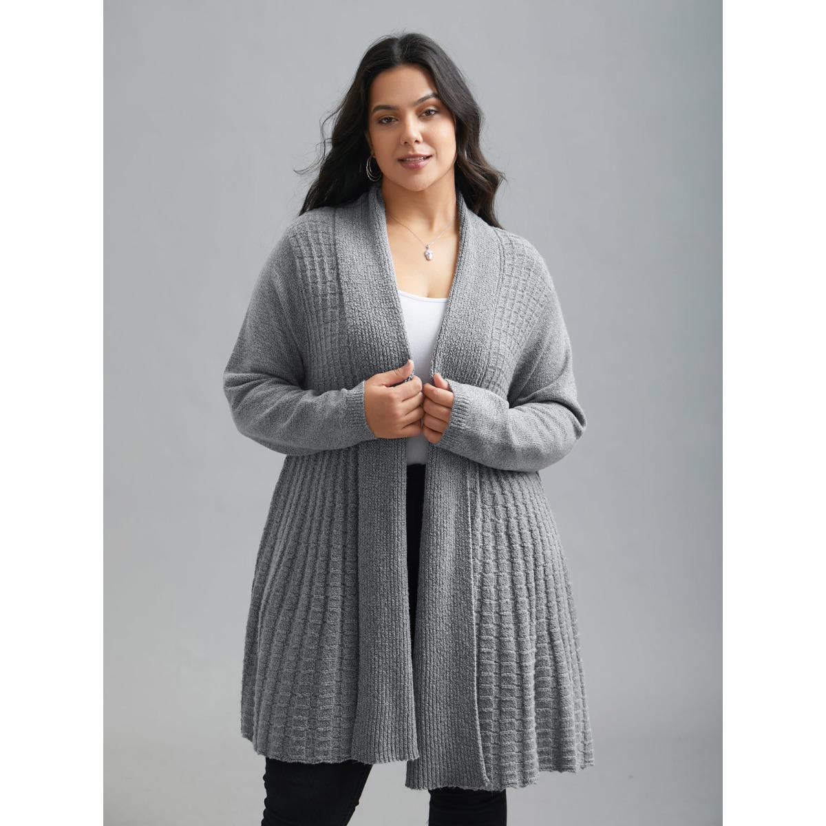 Plus Size Folded Kimono Collar Plain Plisse Cardigan DarkGray Women Casual Loose Long Sleeve Everyday Cardigans BloomChic 12/L Product Image