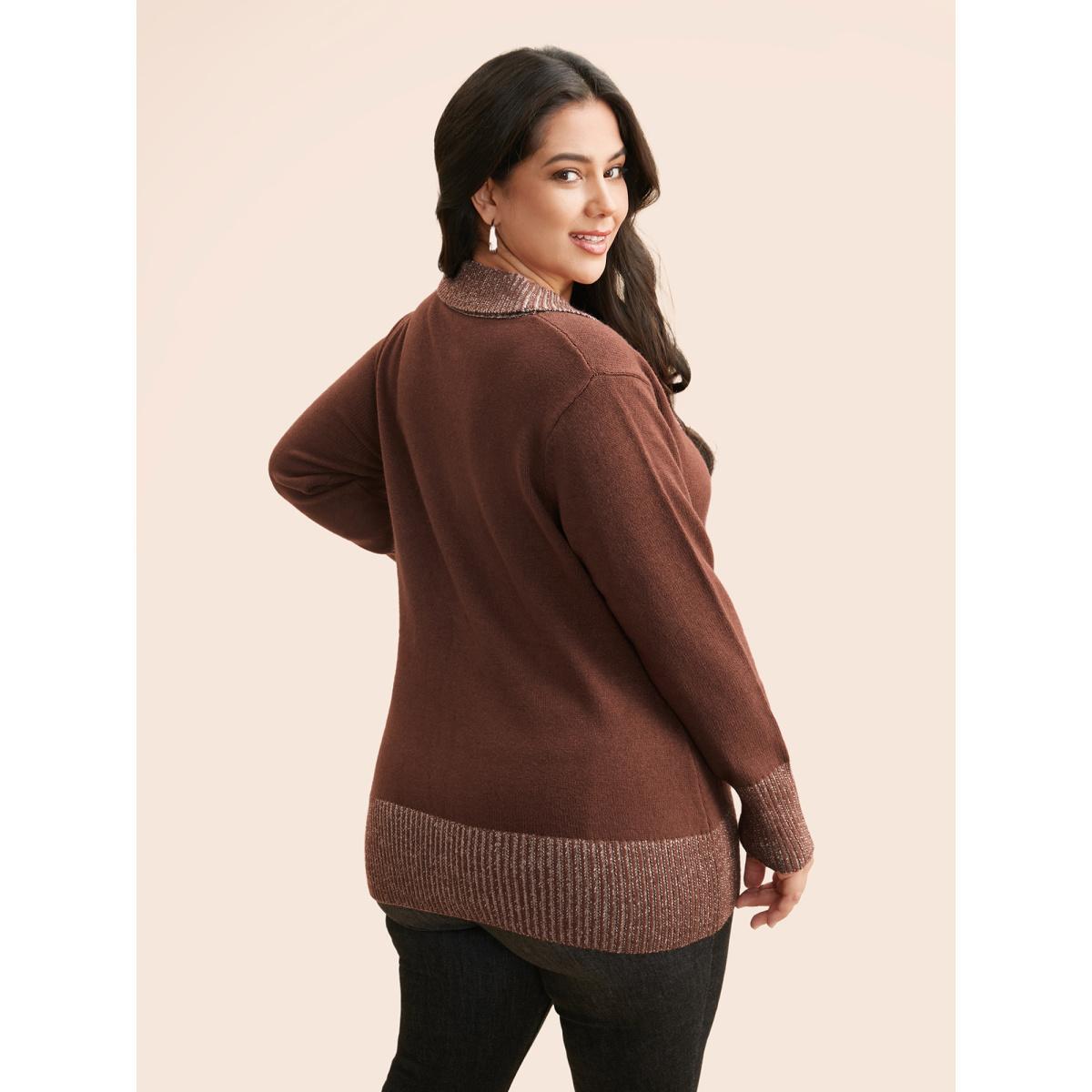 Plus Size Overlap Collar Contrast Button Detail Pullover Rust Women Casual Long Sleeve Overlap Collar Everyday Pullovers BloomChic 22-24/3X Product Image