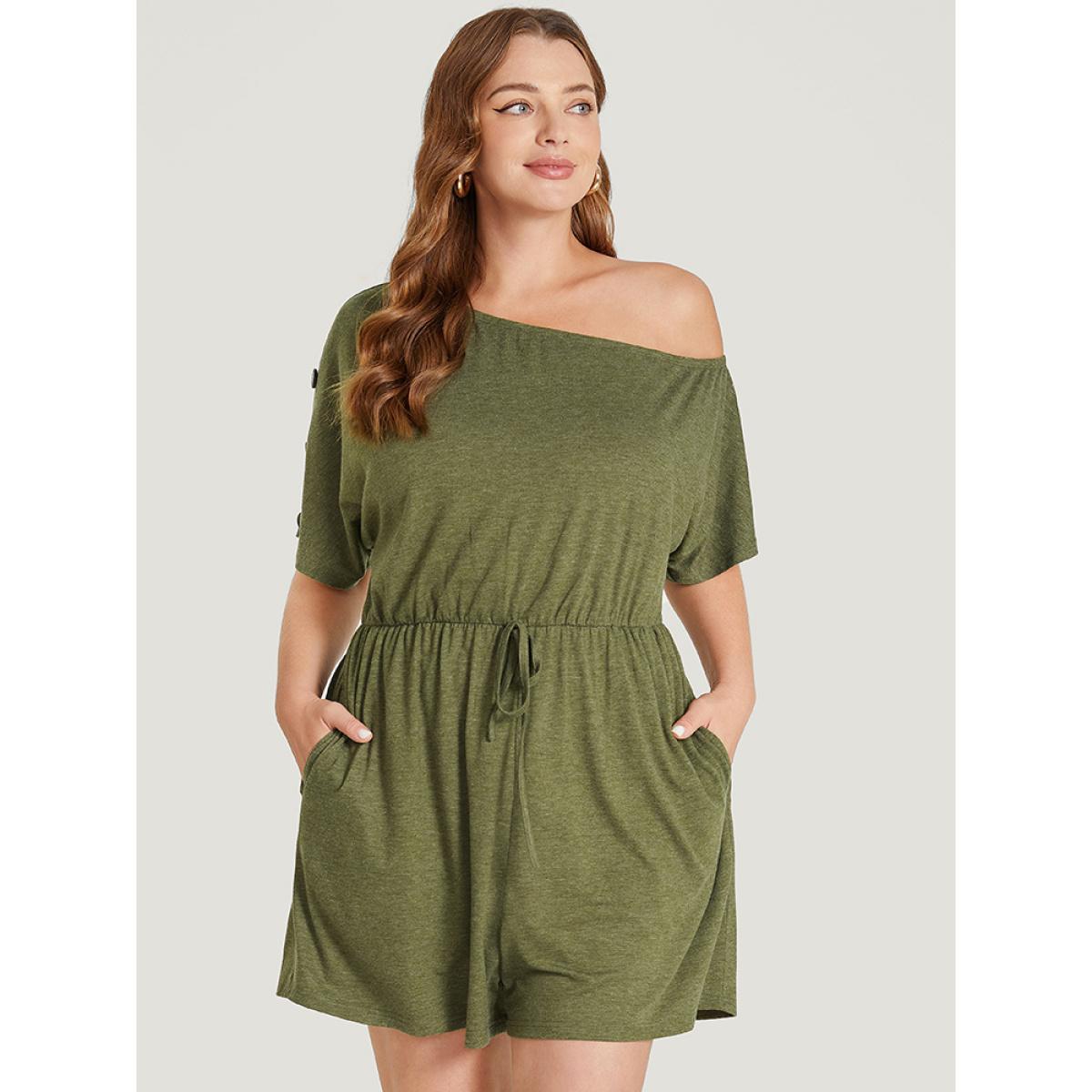 Plus Size ArmyGreen Solid Button Detail Pocket Knot Front One Shoulder Romper Women Casual Short sleeve One Shoulder Dailywear Loose Jumpsuits BloomChic 10/M Product Image