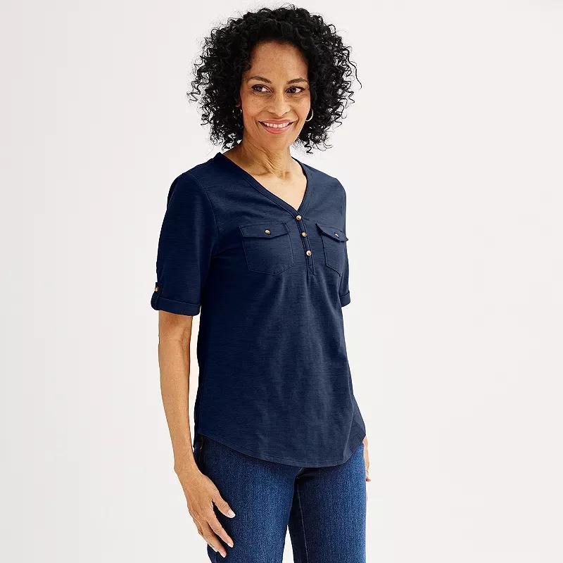 Petite Croft & Barrow® Elbow Sleeve Utility Henley Top, Women's, Size: Small Petite, Seattle Blue Product Image