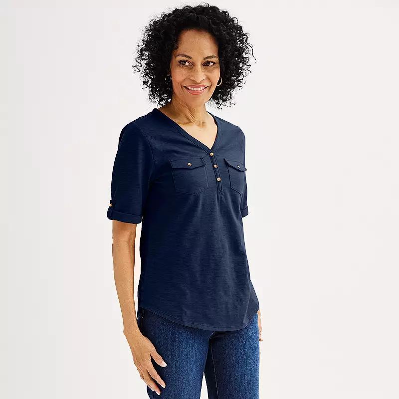 Petite Croft & Barrow® Elbow Sleeve Utility Henley Top, Women's, Size: Small Petite, Bright White Product Image