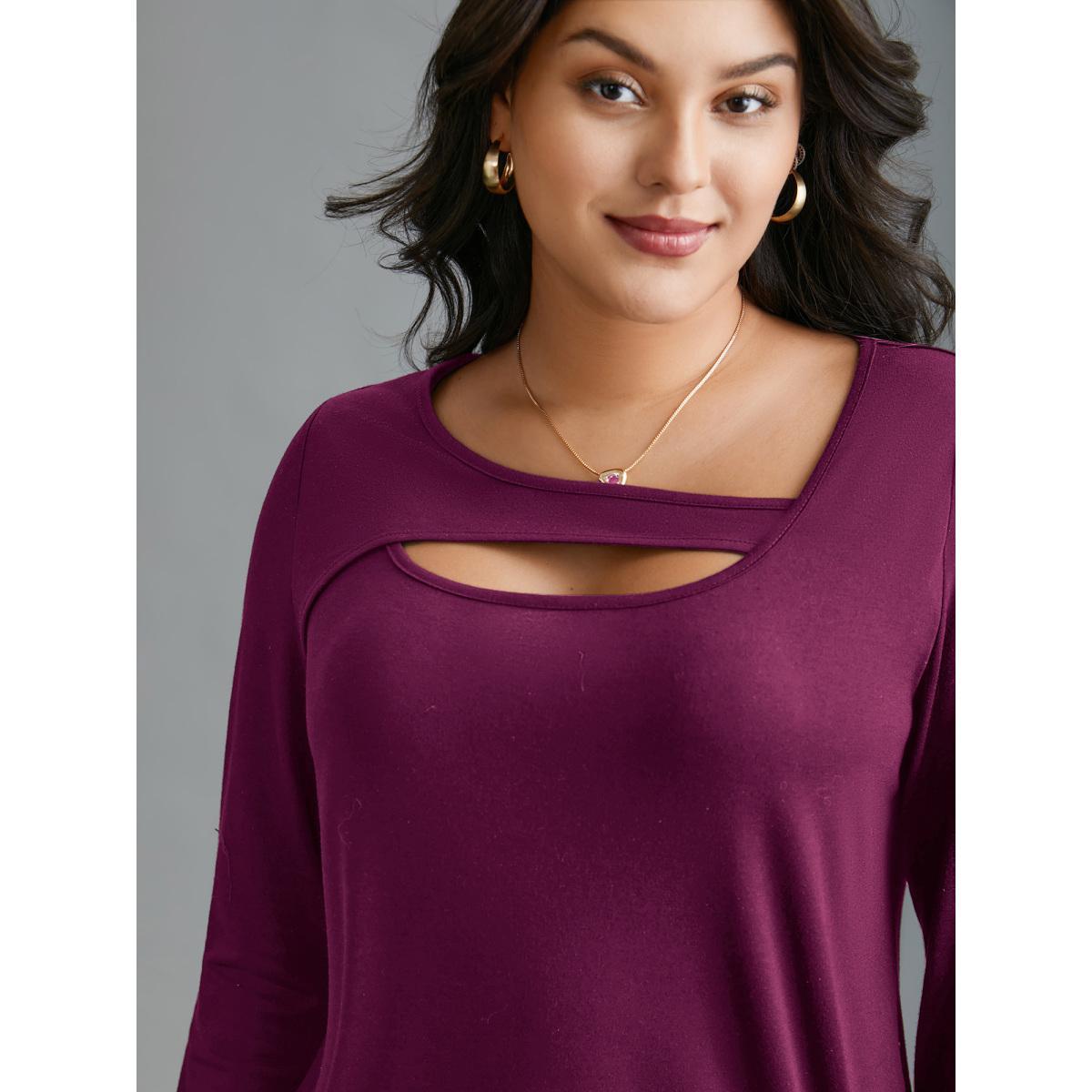 Plus Size Asymmetrical Neckline Long Sleeve T-shirt Deeppurplered Women Casual Cut-Out Asymmetrical Neck Everyday T-shirts BloomChic 10/M Product Image