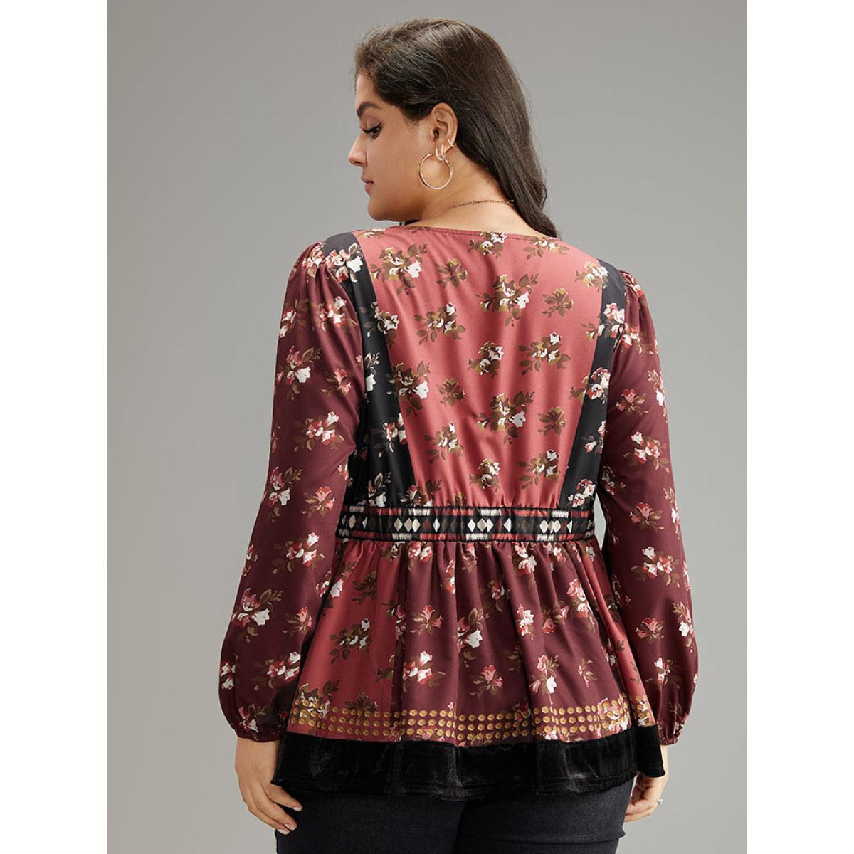 Plus Size Scarlet Velvet Floral Contrast Knot Neck Tassel Blouse Women Vacation Long Sleeve Tie Neck Dailywear Blouses BloomChic 18-20/2X Product Image
