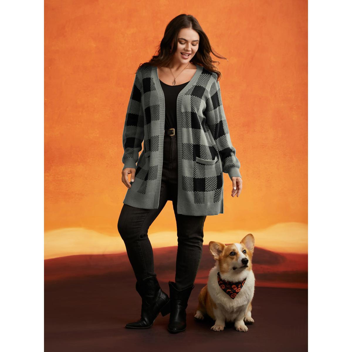 Plus Size Supersoft Essentials Plaid Open Cardigan DarkGray Women Casual Loose Long Sleeve Everyday Cardigans BloomChic 18-20/2X Product Image