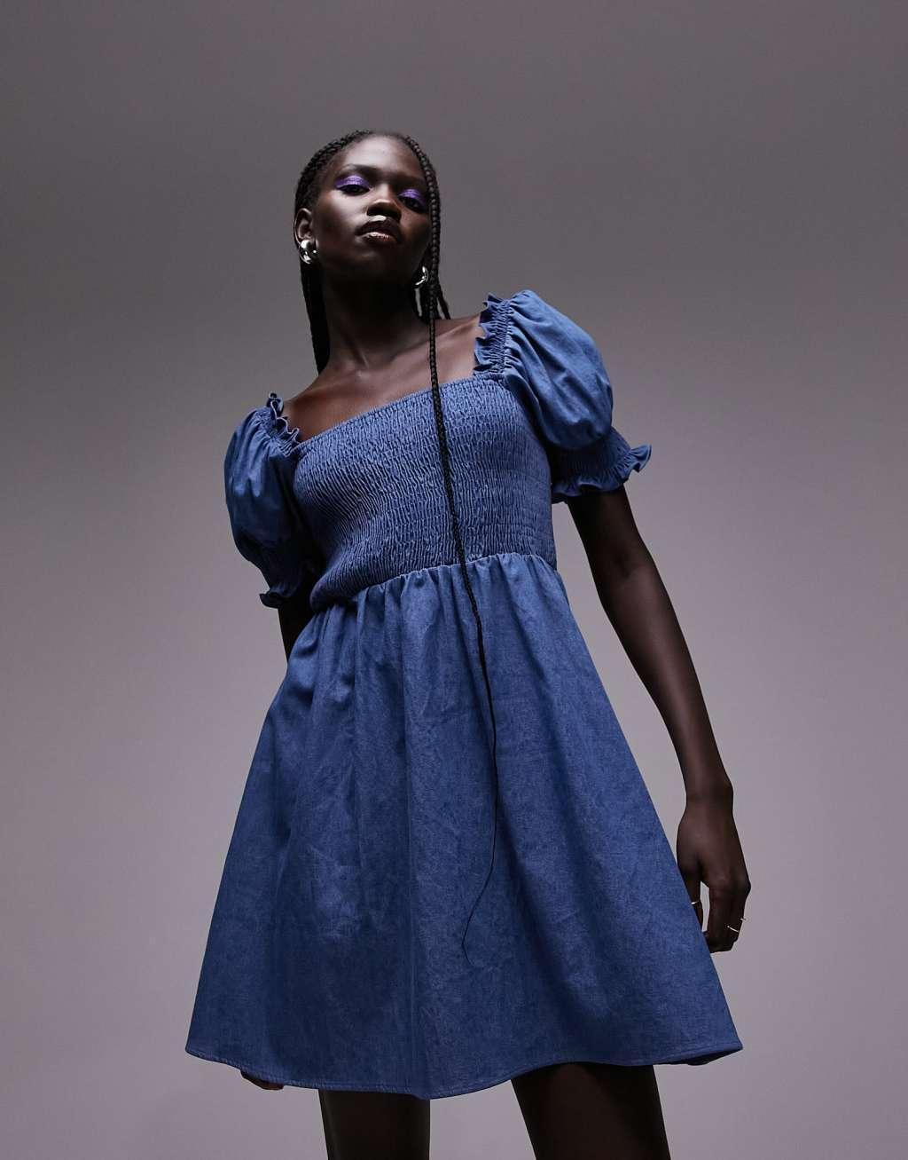 Topshop shirred mini tea dress with puff sleeves Product Image