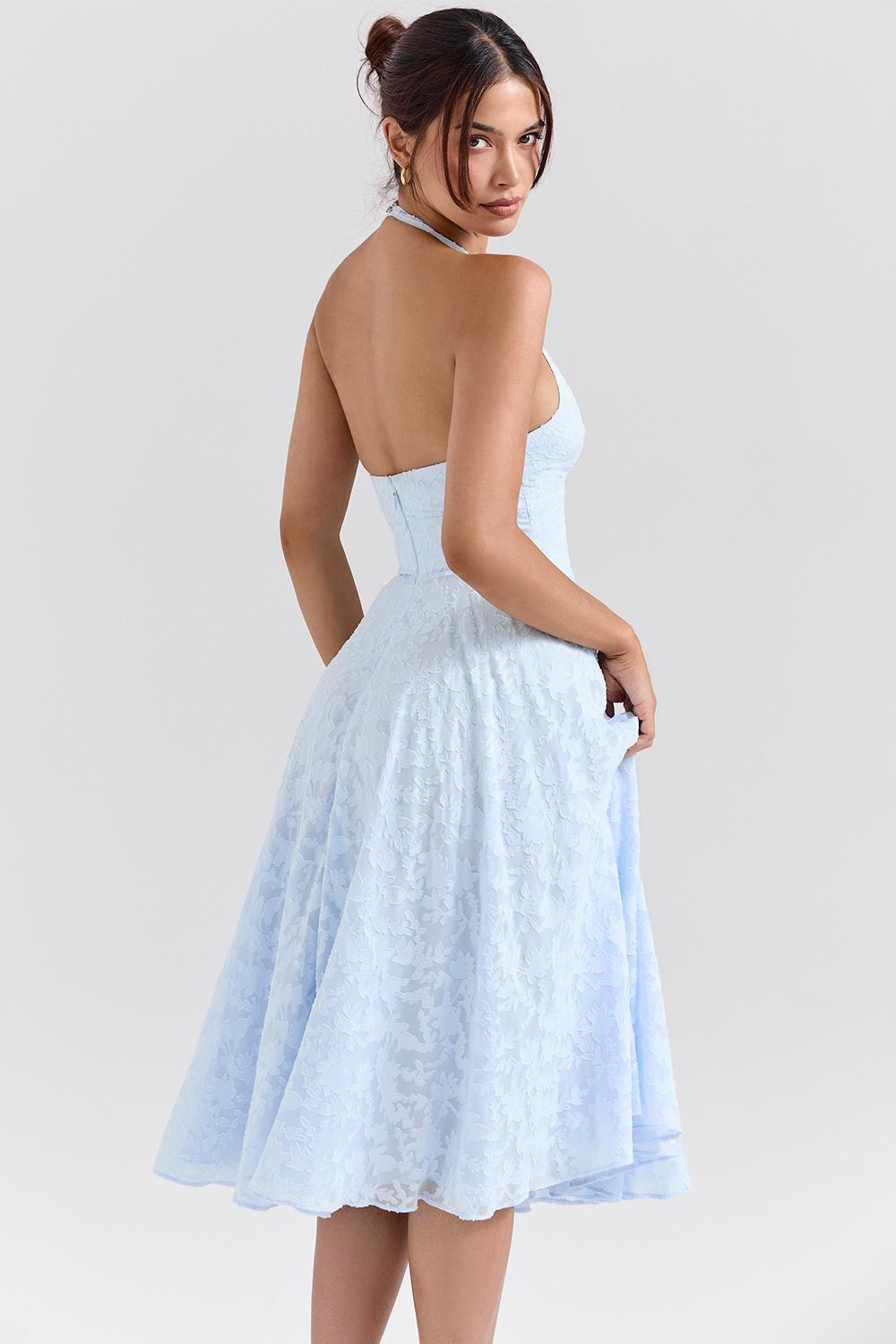Arietta Bluebell Floral Jacquard Halter Midi Dress Product Image